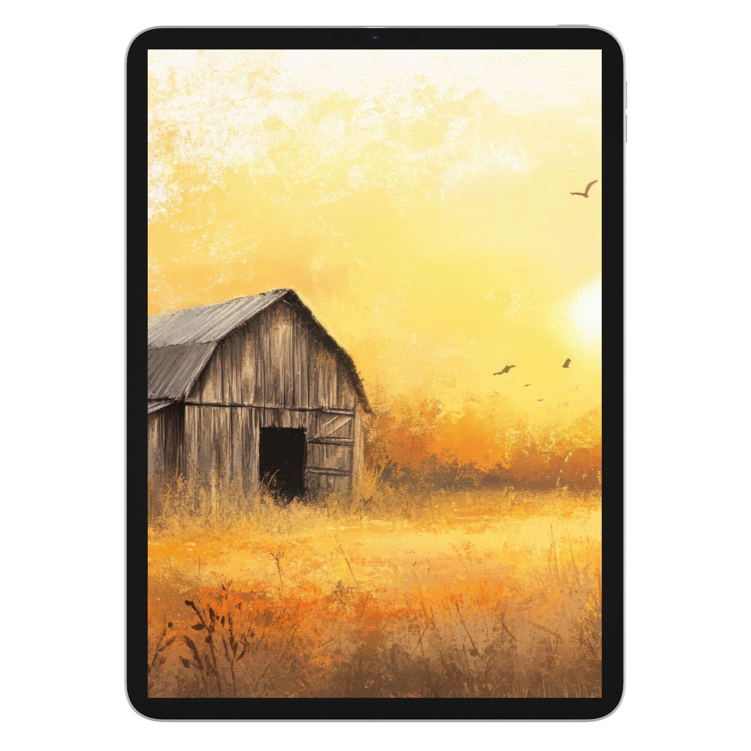 Farmhouse iPad wallpaper digital download features an elegant sunlit barn scene, perfect background for any tablet, exuding warmth