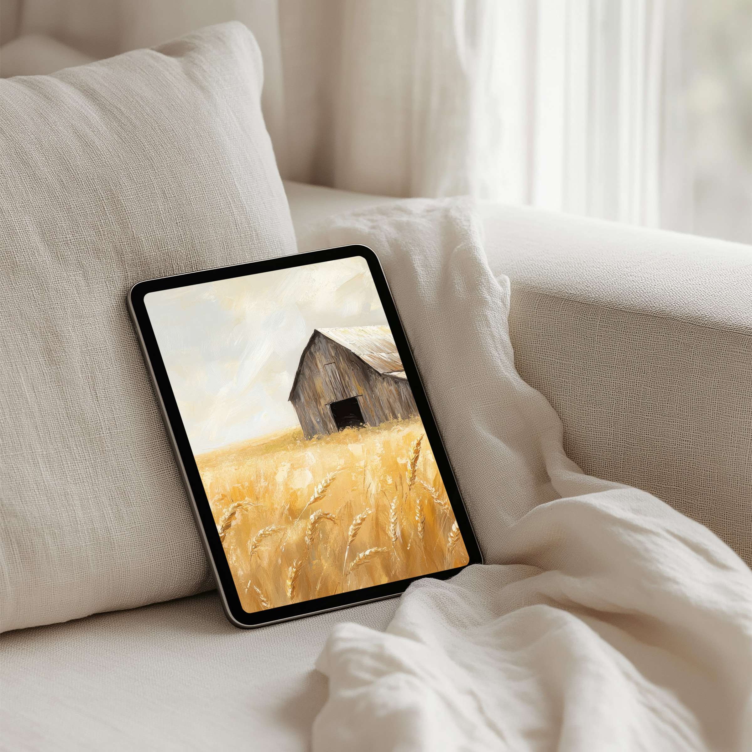 Elevate your space with this serene barn scene iPad background art perfect for instant download to any tablet device