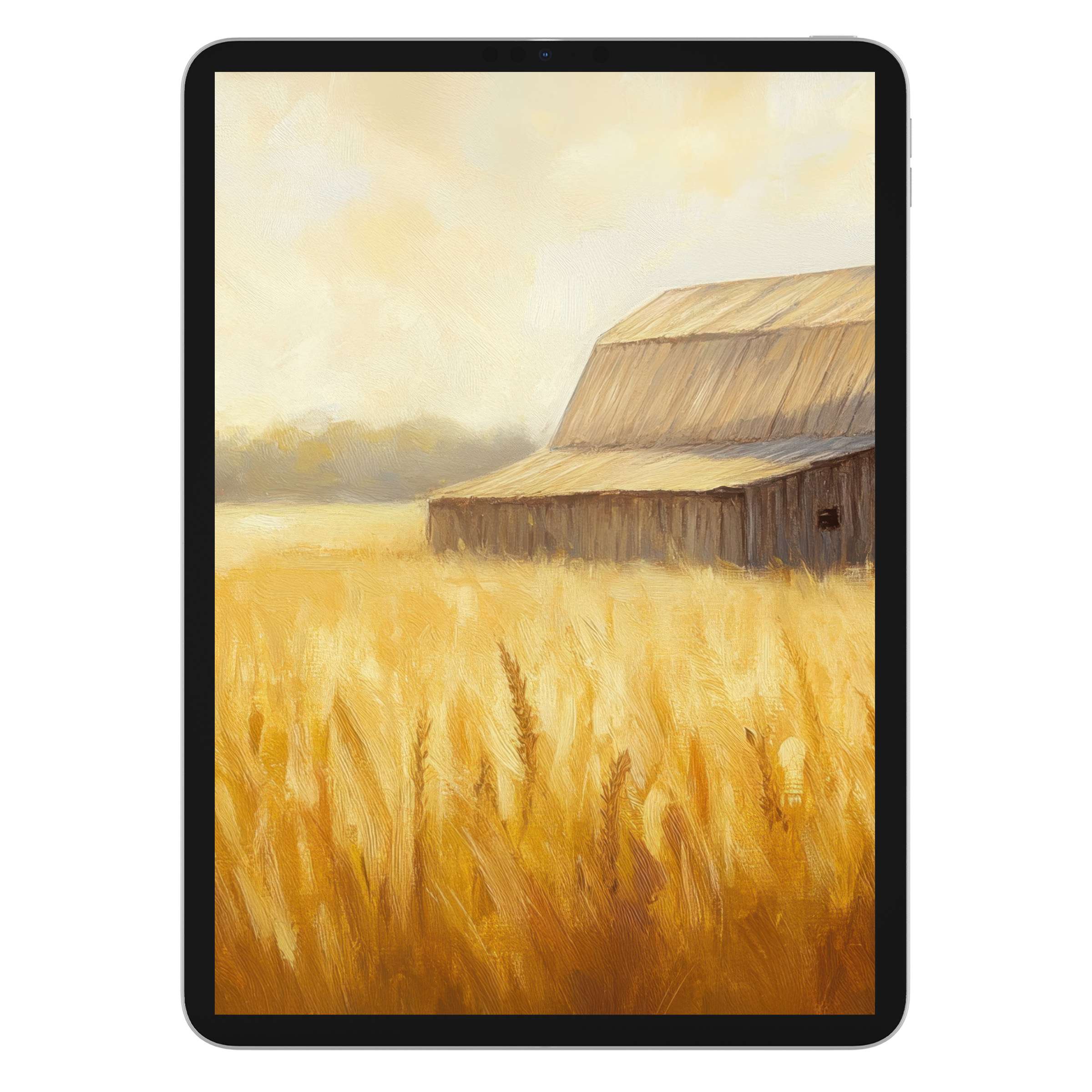 Warm golden tones and rustic barn in this farmhouse iPad wallpaper create a serene digital download background for any tablet
