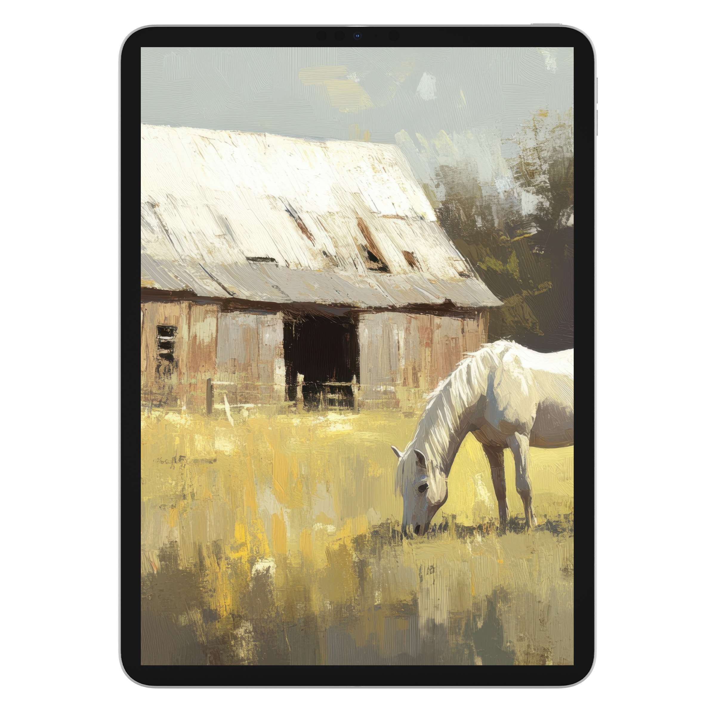 Farmhouse iPad wallpaper with serene horse and rustic barn in soft tones, ideal tablet background digital download for tranquility
