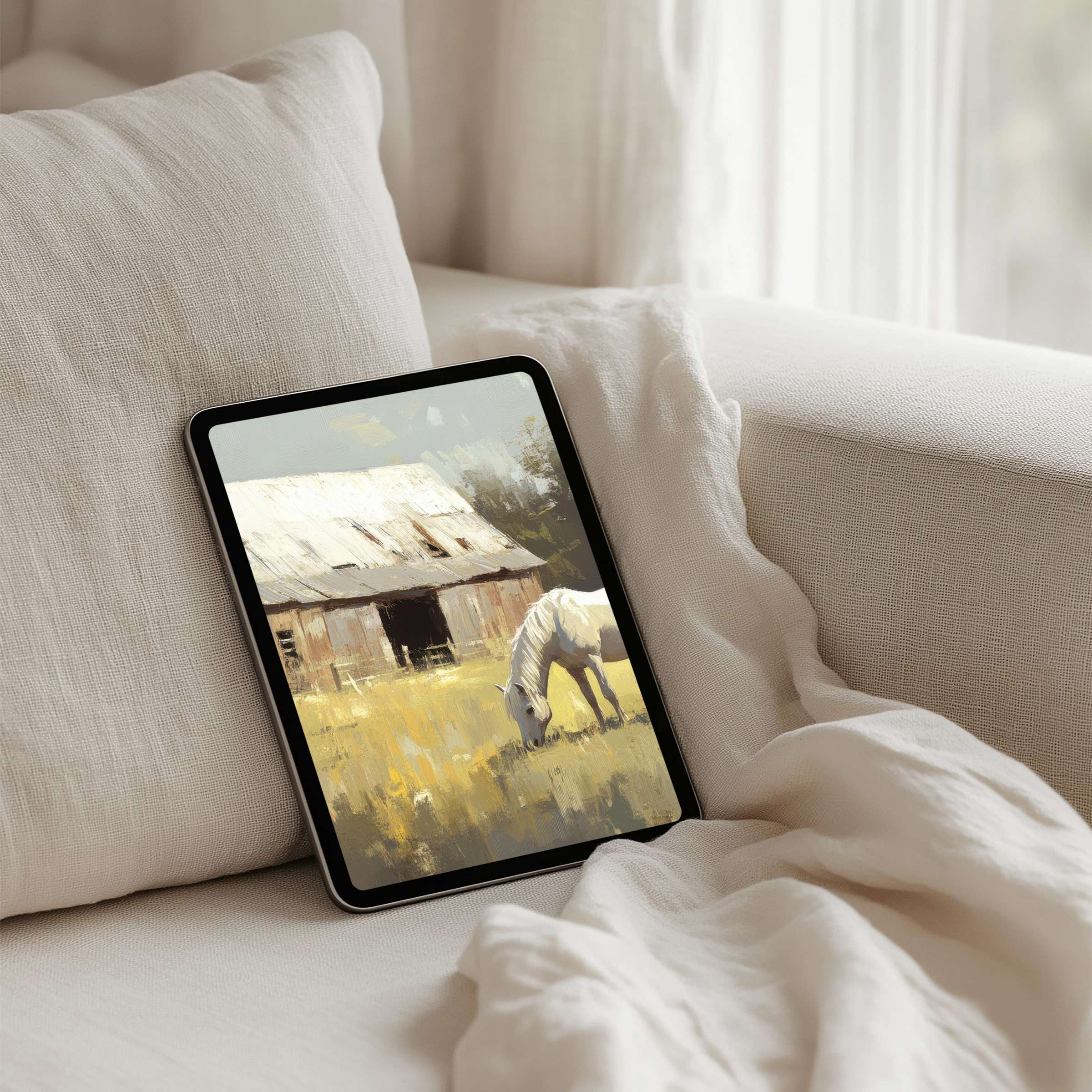 Elegant iPad background with calming rustic barn scene for instant download fits all tablets creating peace and mindfulness