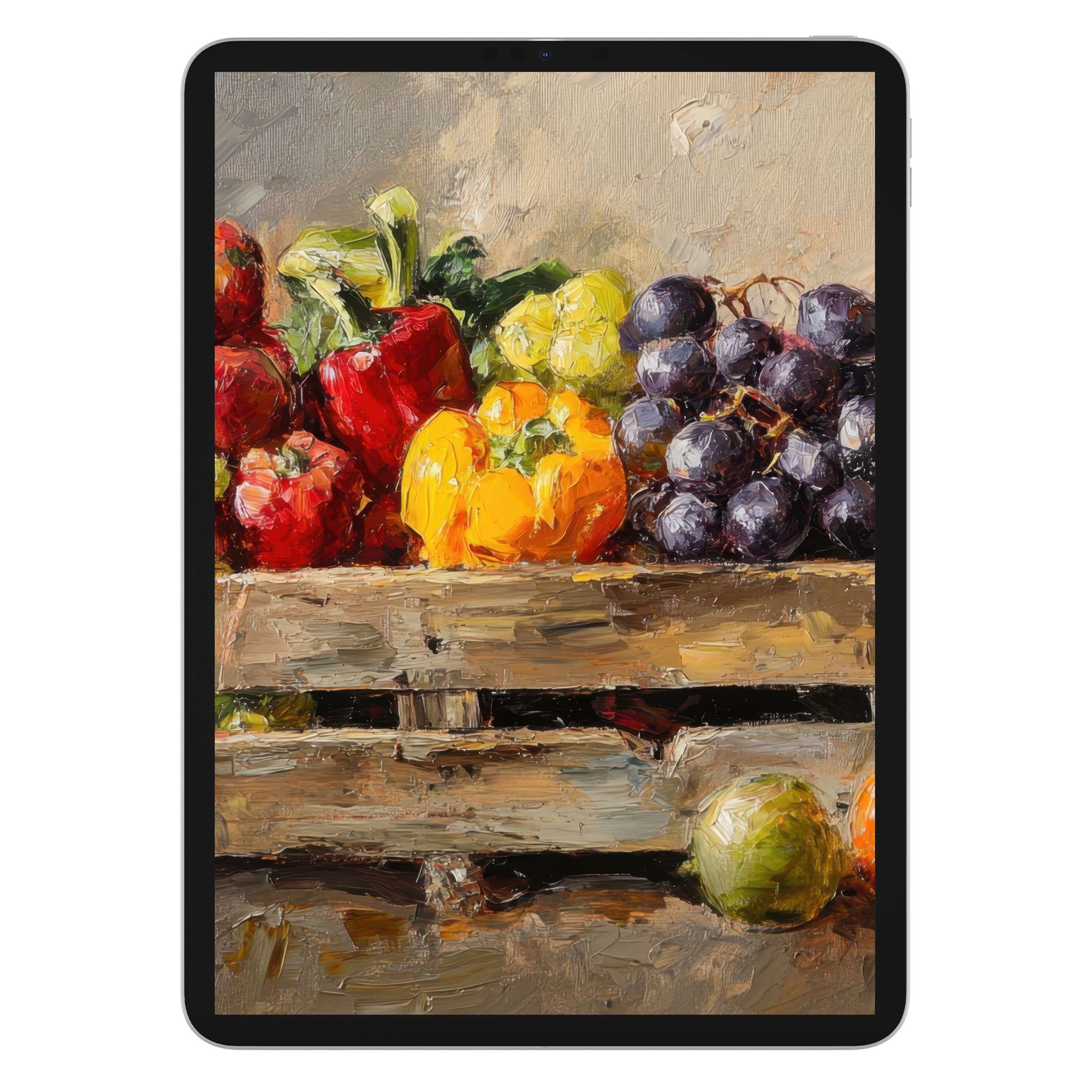 Farmhouse iPad wallpaper with rustic fruit crates, vibrant brushstrokes enhancing any tablet background, a digital download for serene living