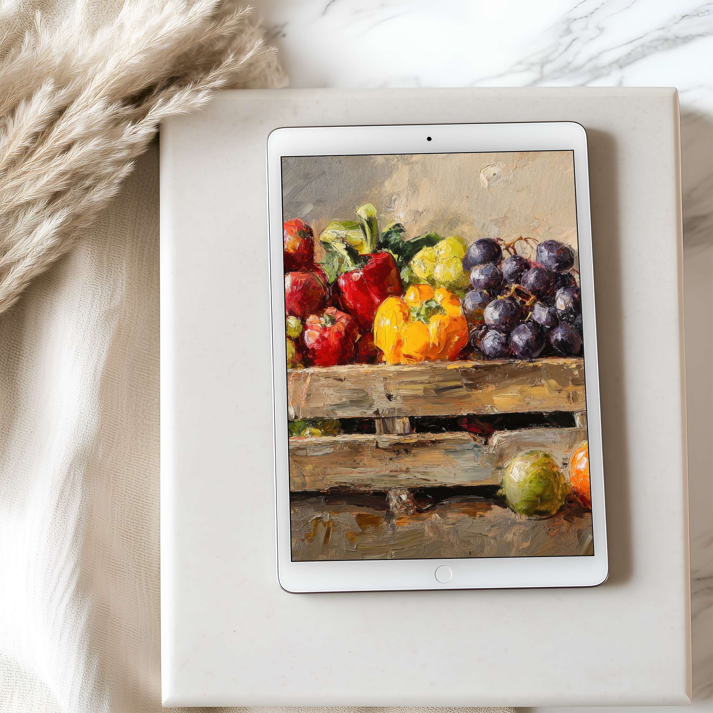 Elegant tablet wallpaper with vibrant still-life painting of fruits, perfect for iPad screens; a high resolution digital download