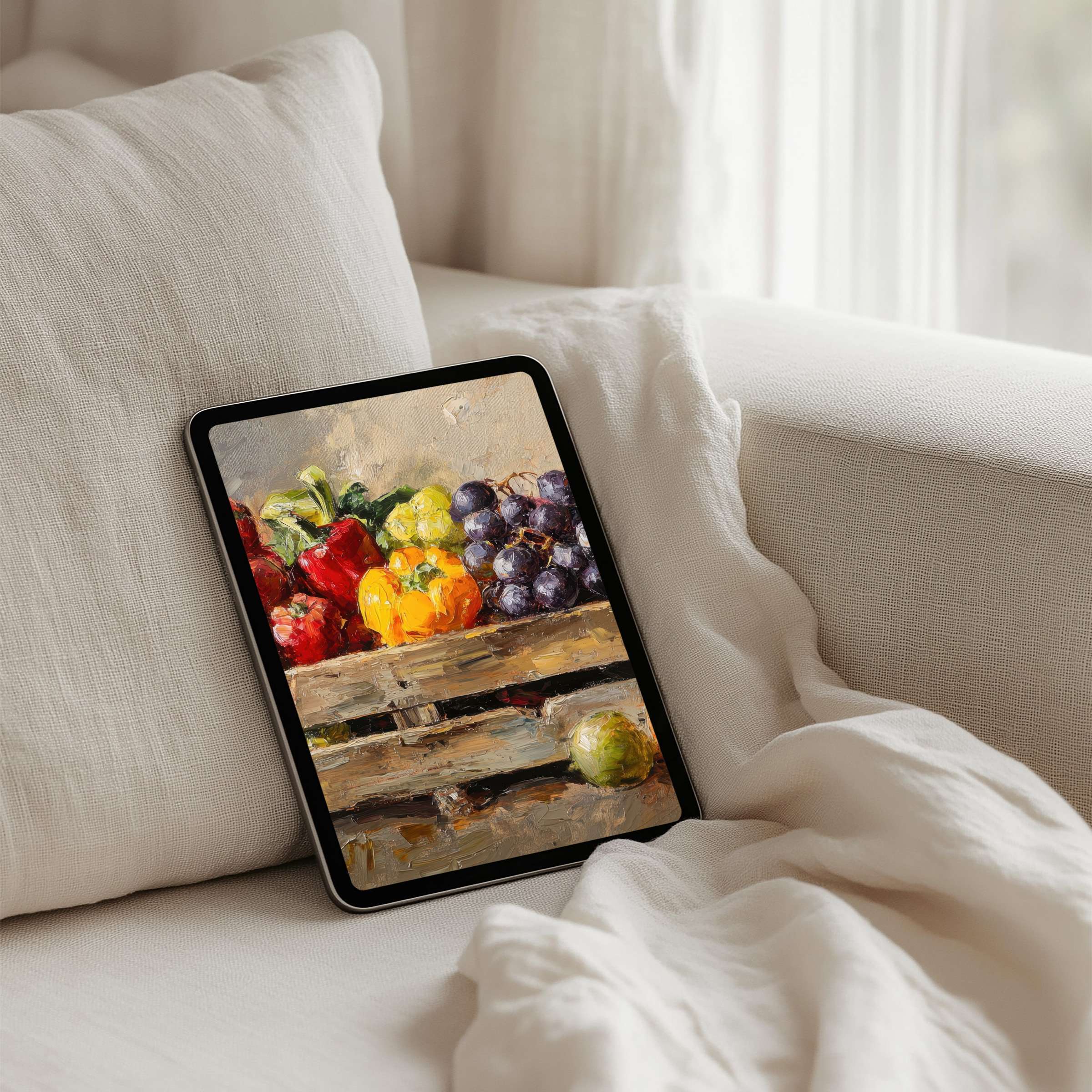 Elegant iPad background with a vibrant fruit painting on a cozy beige sofa perfect for instant download to any tablet