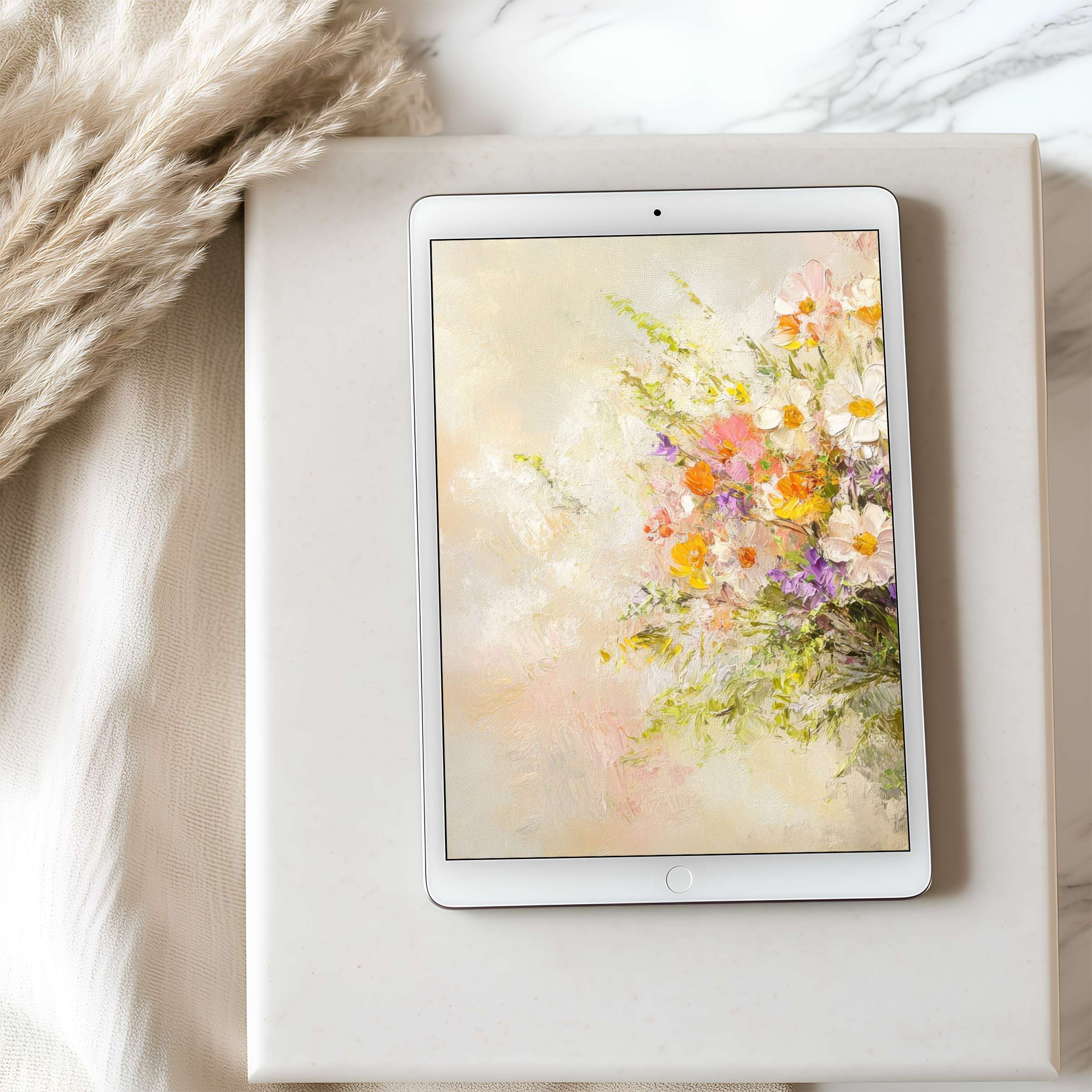Floral tablet wallpaper in soft pastel hues offers an elegant, calming digital download for iPad or Android tablets, enhancing interiors