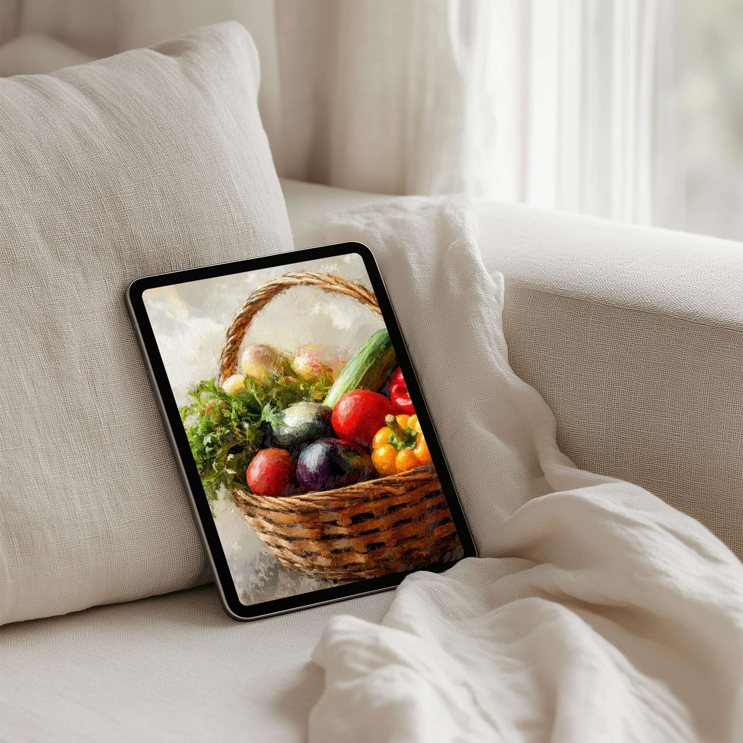 Vibrant digital art iPad background featuring a basket of vegetables brings calm elegance to your tablet instant download available