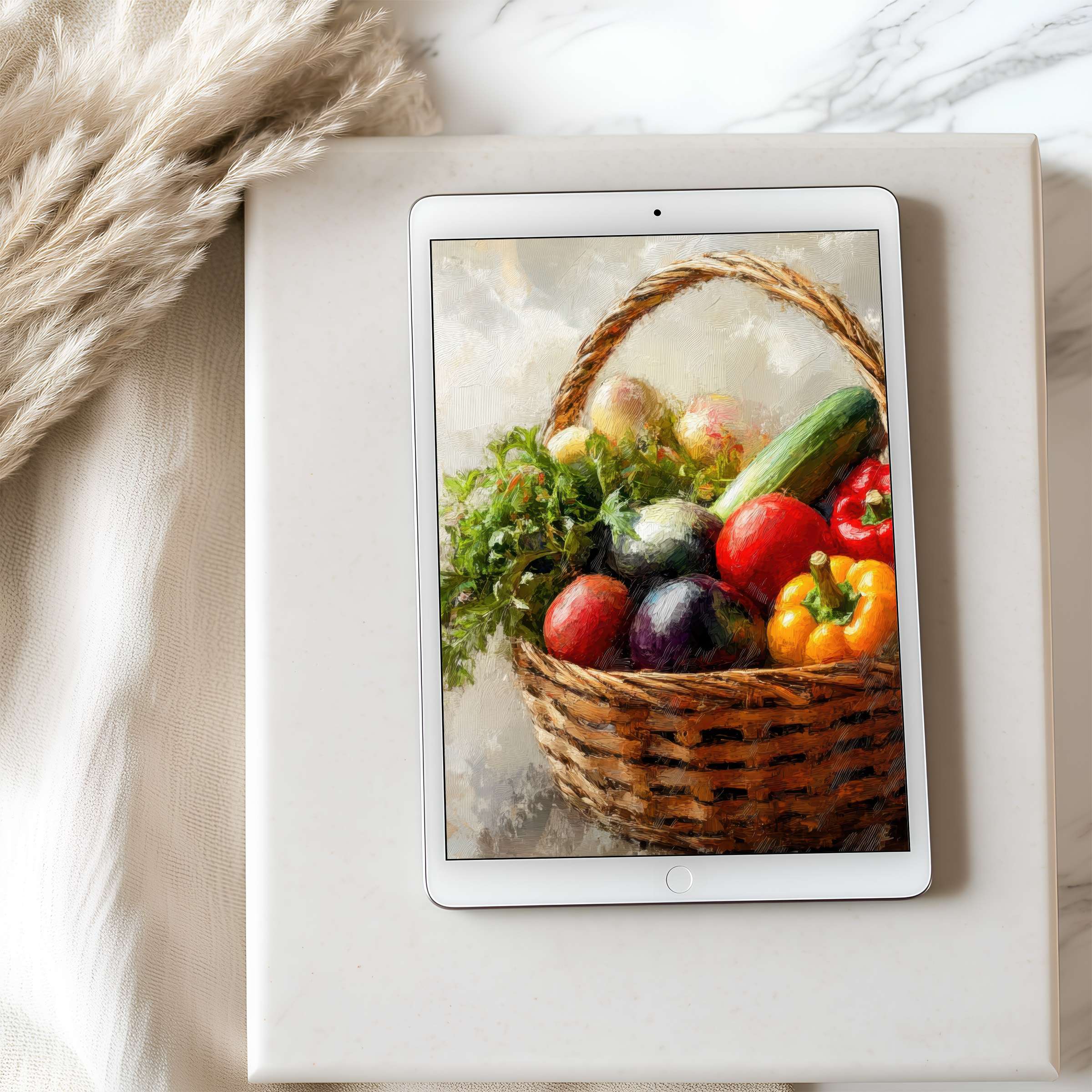 Elegant tablet wallpaper with a serene, painterly fruit basket motif perfect for high-resolution iPad and Android downloads elevates interior aesthetics