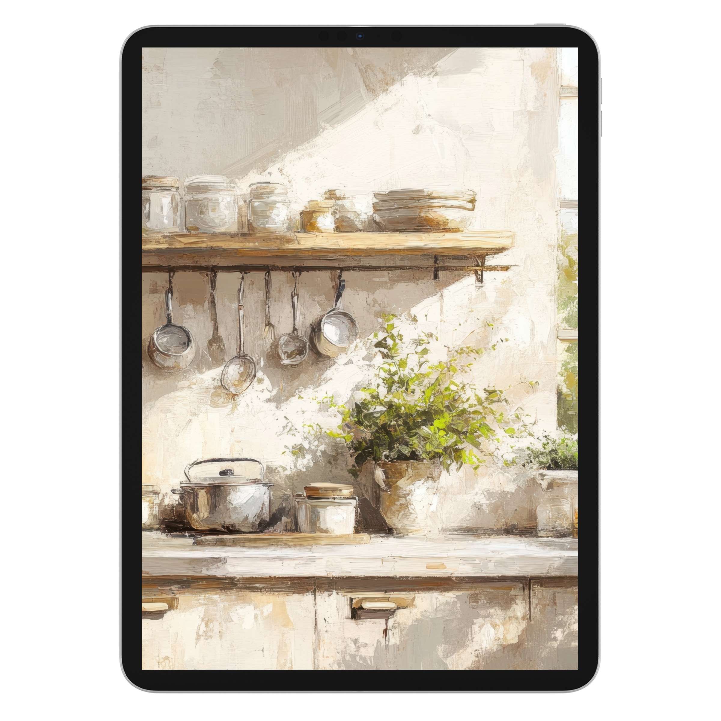 Farmhouse iPad wallpaper: serene rustic kitchen, sunlit textures, digital download for soothing tablet background, timeless elegance