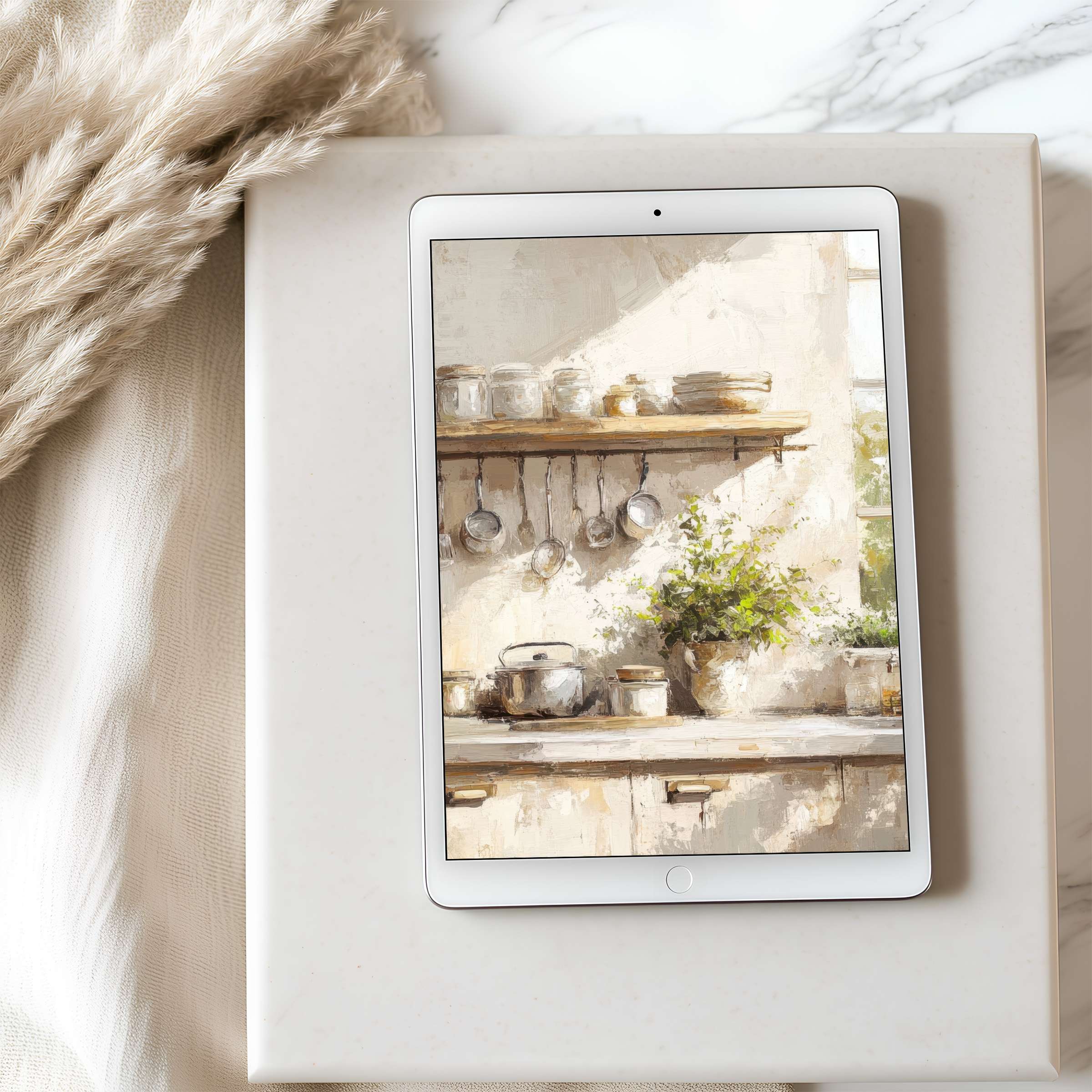 Elegant kitchen-themed tablet wallpaper, featuring soft neutral tones and rustic charm, ideal for inspiring design on high-resolution iPads