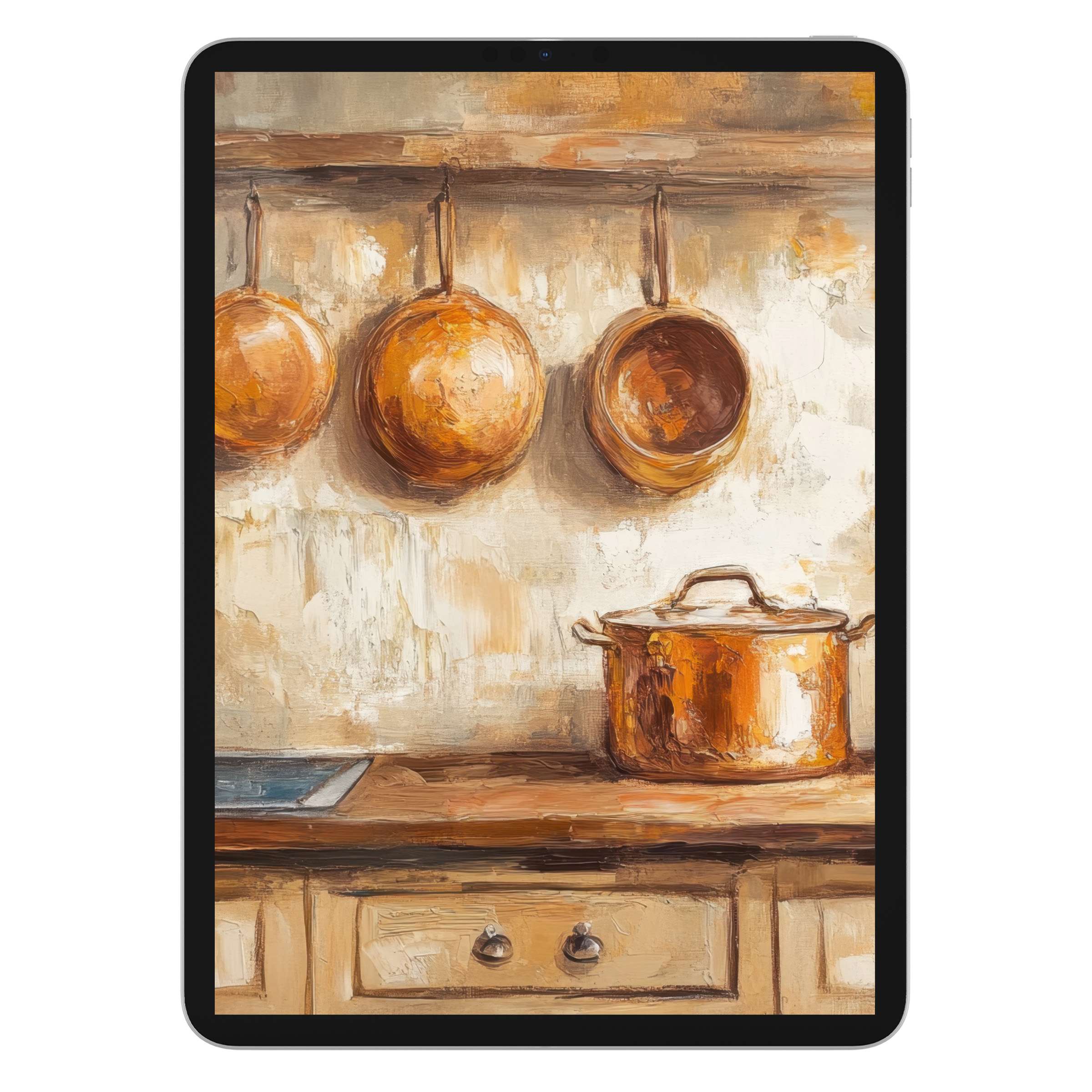 Warm rustic tones of copper pots create a serene farmhouse iPad wallpaper perfect for tablet backgrounds digital download available