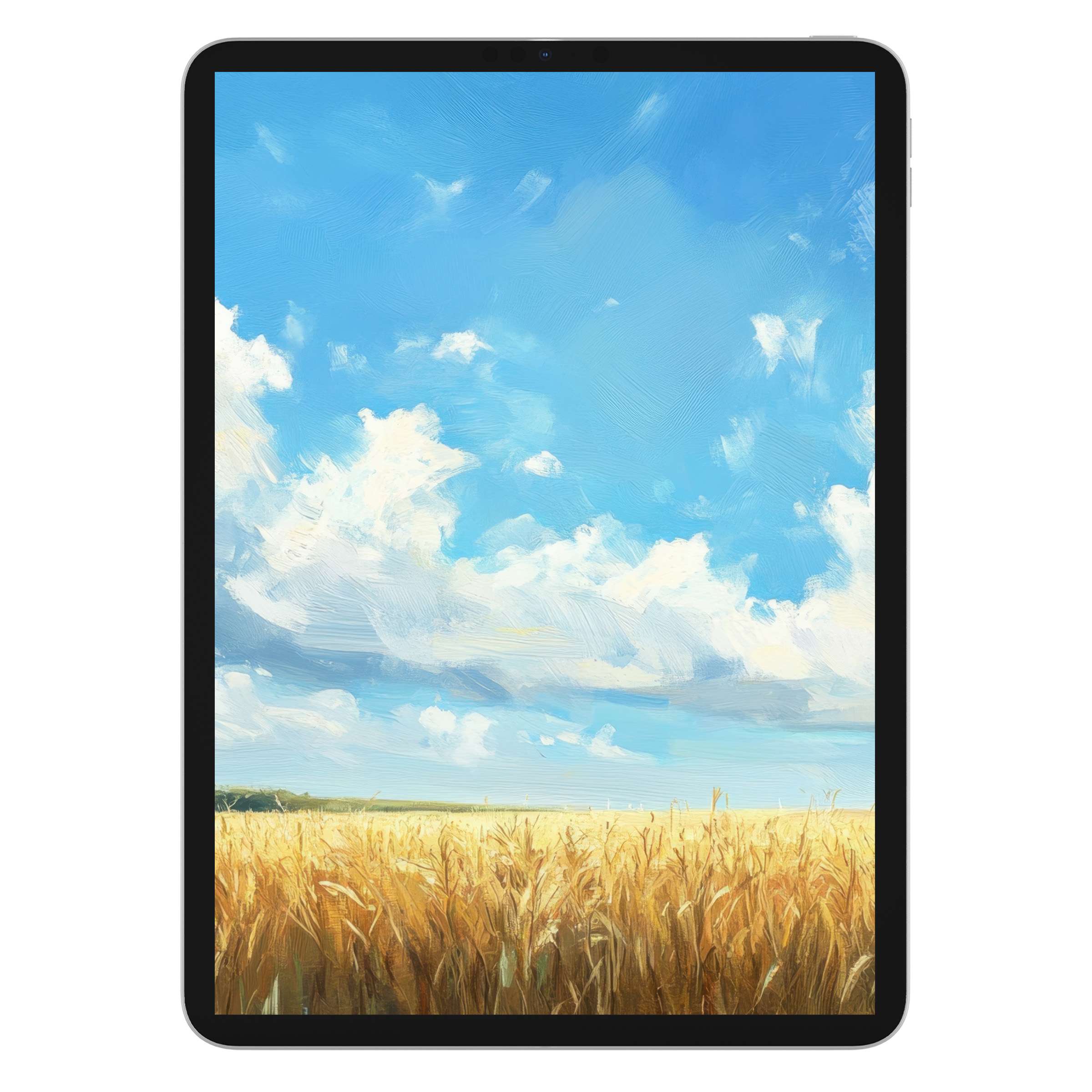 Farmhouse iPad wallpaper digital download with serene painted fields and blue sky background for tablet, ideal for Android screens