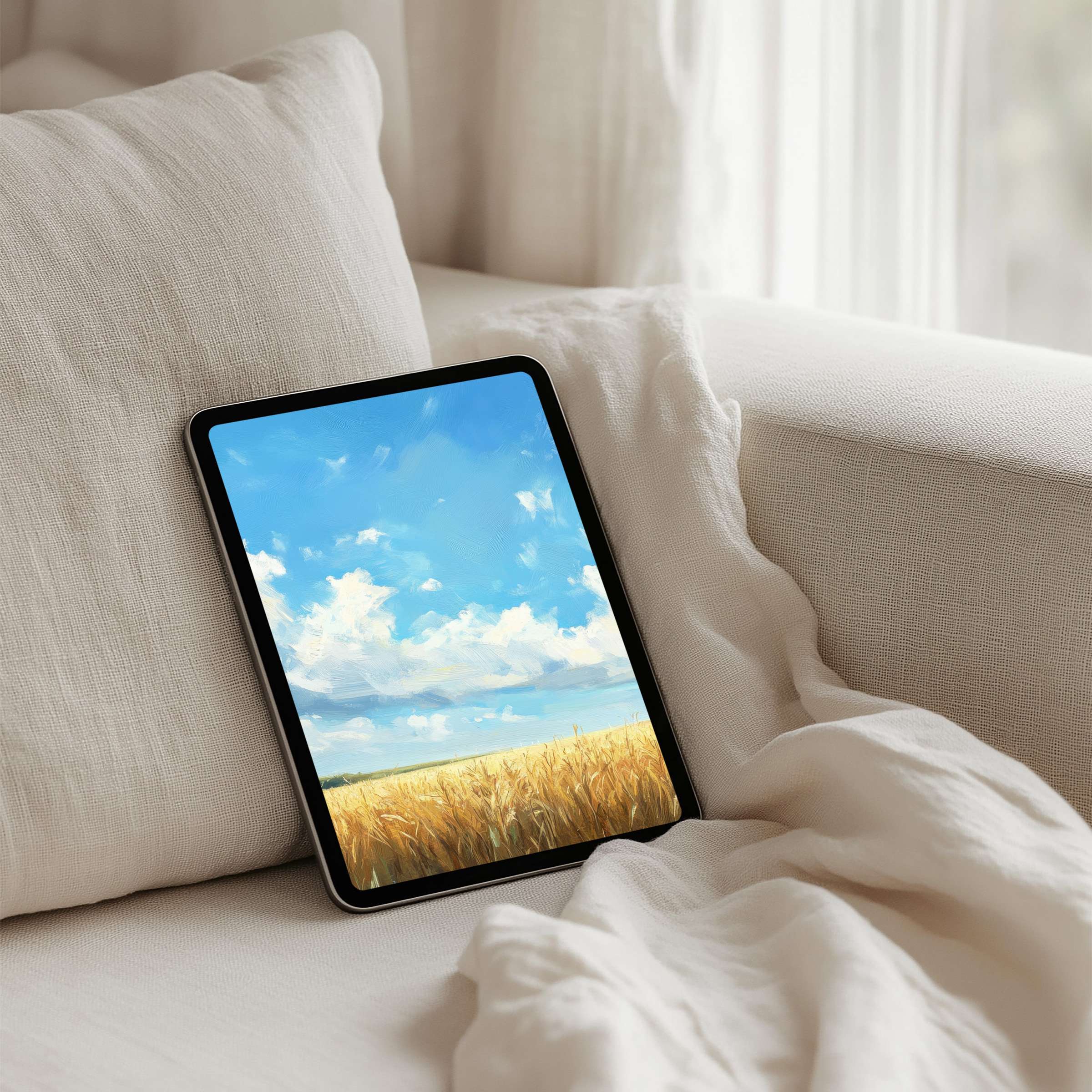 Elegant iPad background for instant download capturing tranquil skies and golden fields ideal for Samsung and Android tablet users