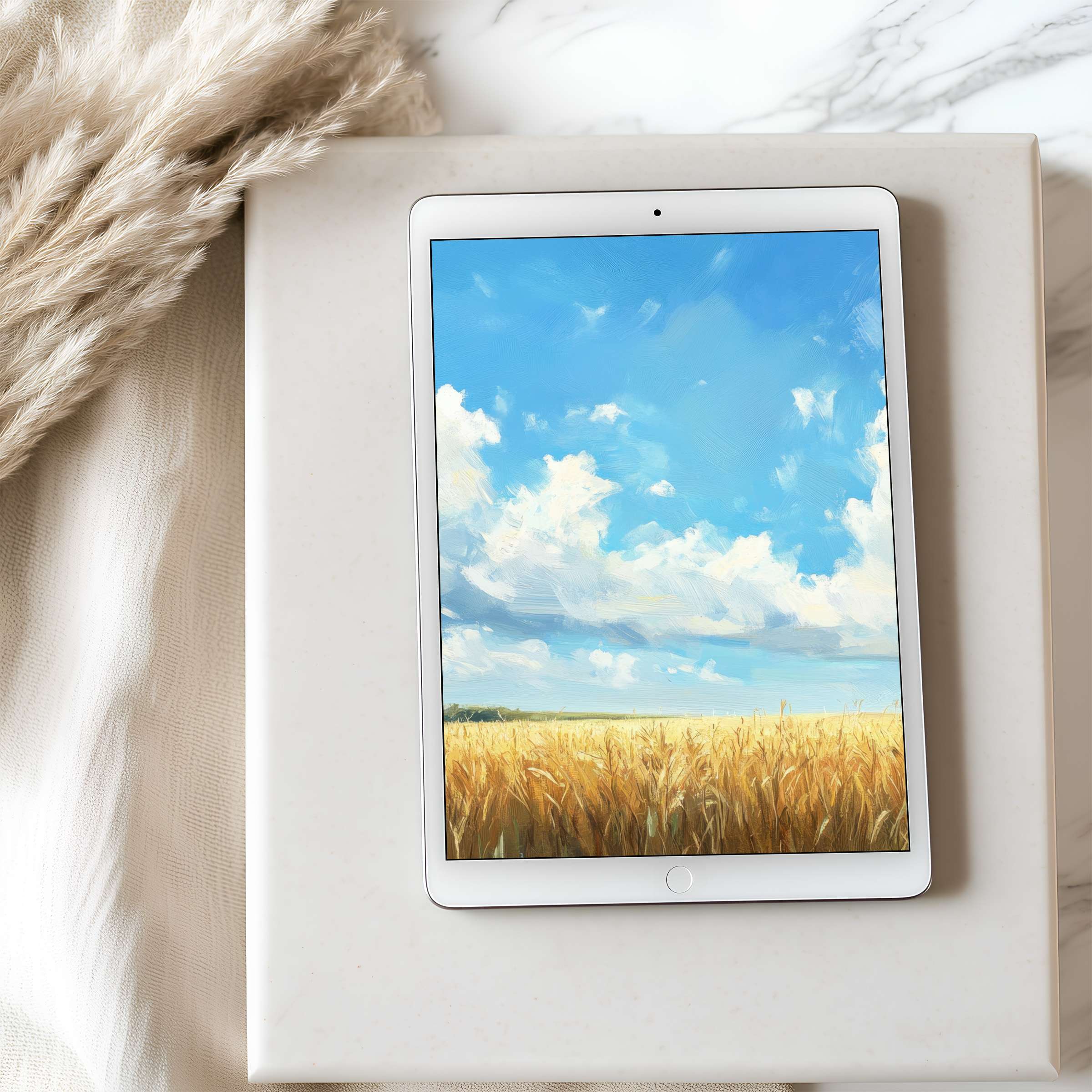 Serene sky and wheat field digital art creates an elegant tablet wallpaper, perfect for iPad with sustainable, calming aesthetics