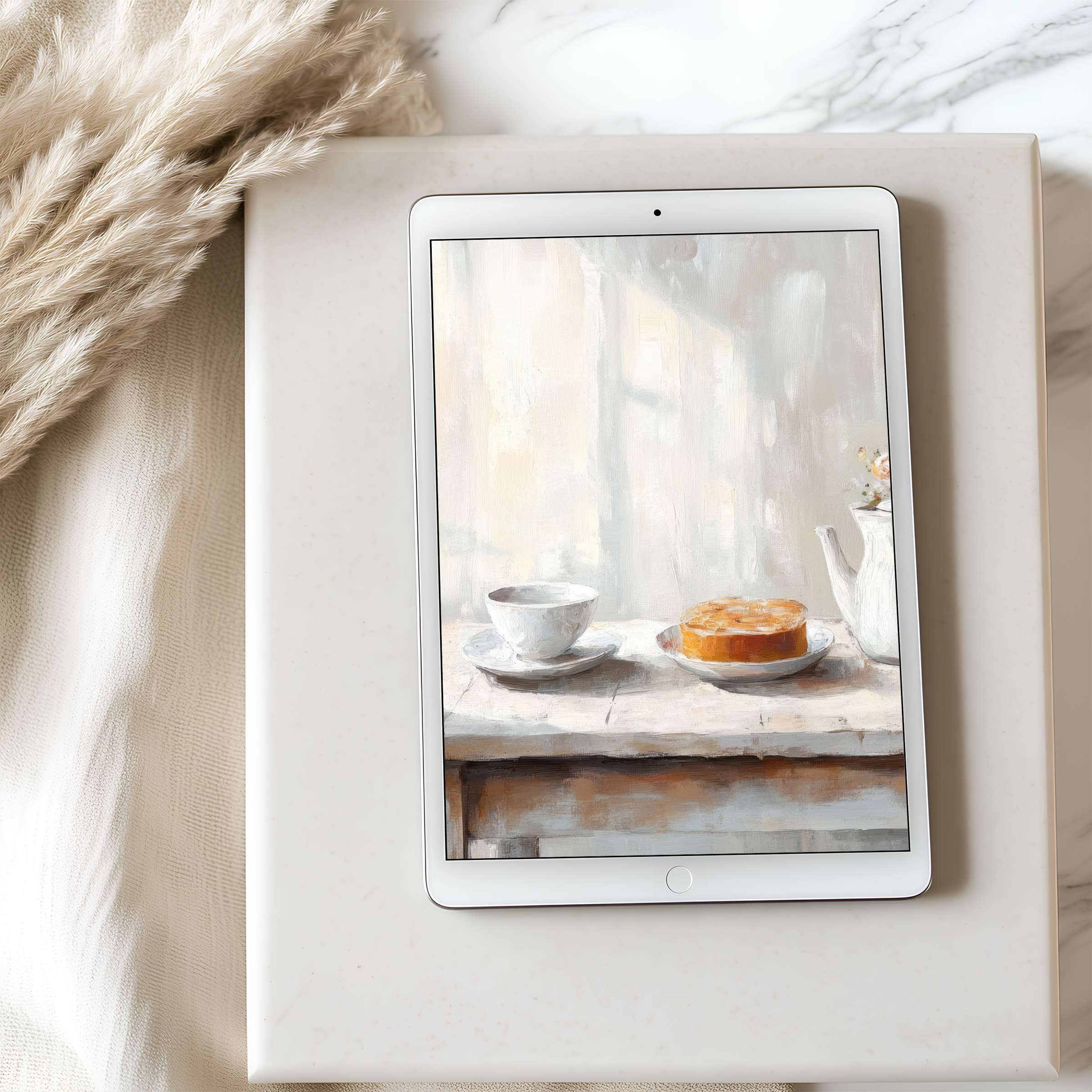 Elegant tablet wallpaper featuring a serene still life painting in soft neutrals perfect for iPad or digital download lovers
