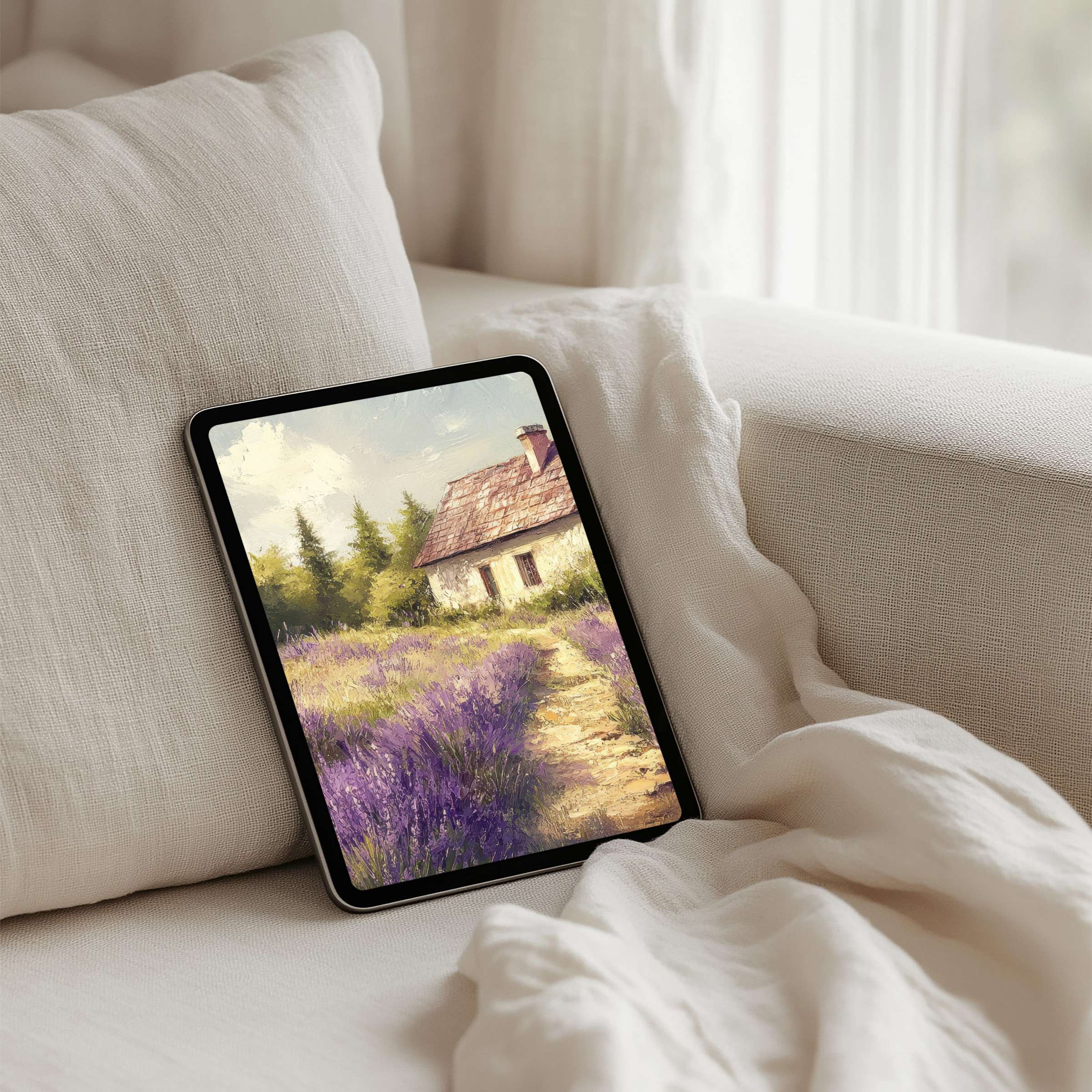 Serene lavender fields and rustic cottage create an inspiring iPad background perfect for instant download on any tablet device