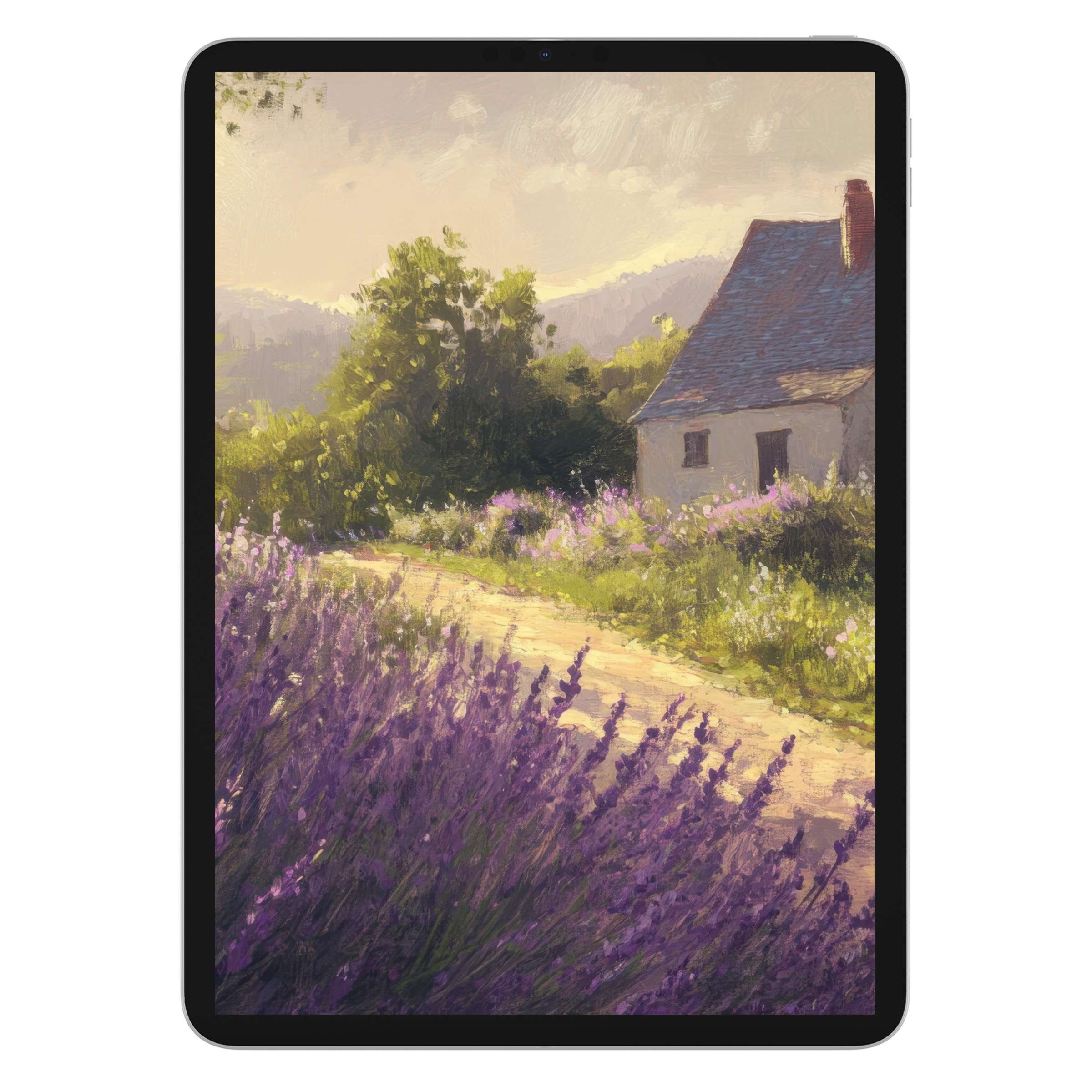 Farmhouse iPad wallpaper as a calming digital download shows a lavender path and cottage under warm skies, perfect tablet background