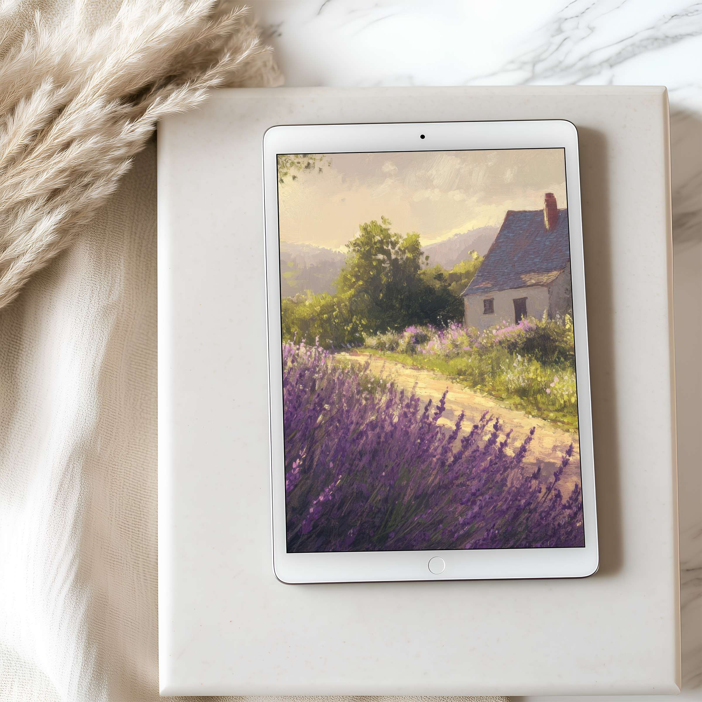 Elegant tablet wallpaper featuring a serene lavender field and cottage in soft hues perfect for a high resolution digital download