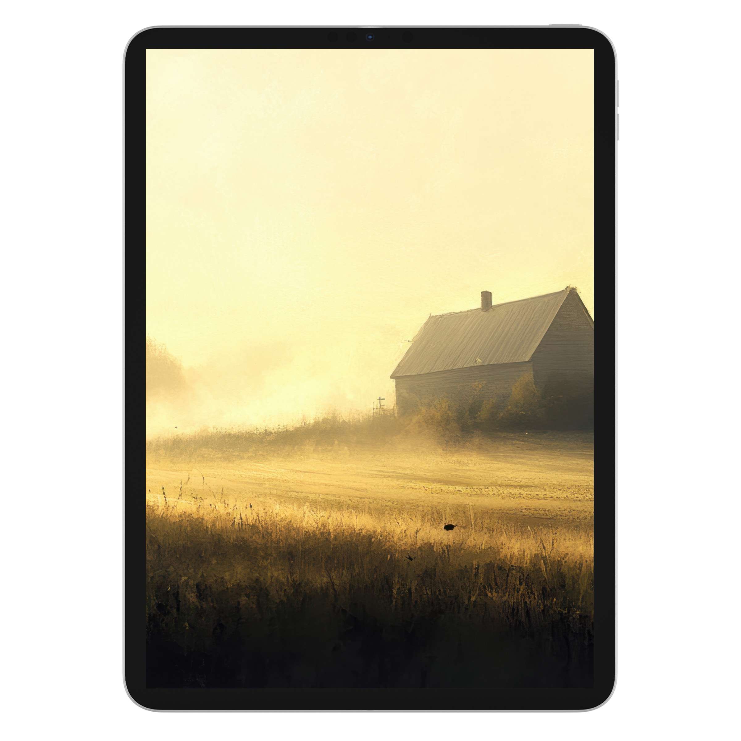 Farmhouse iPad wallpaper digital download featuring a serene countryside scene with misty fields, perfect background for any tablet