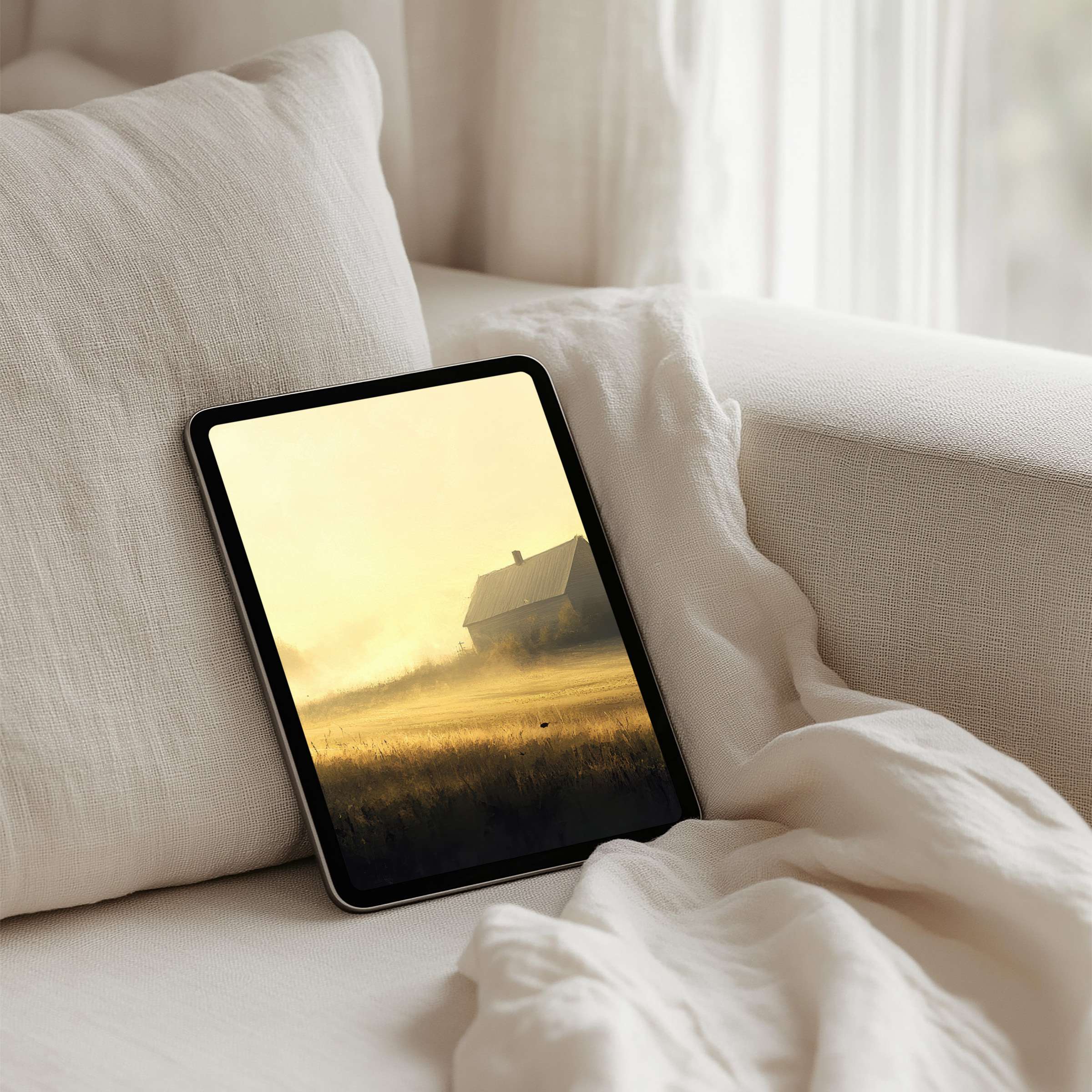 Elegant iPad background for instant download featuring a serene misty sunrise landscape, perfect for any tablet to inspire calm tranquility
