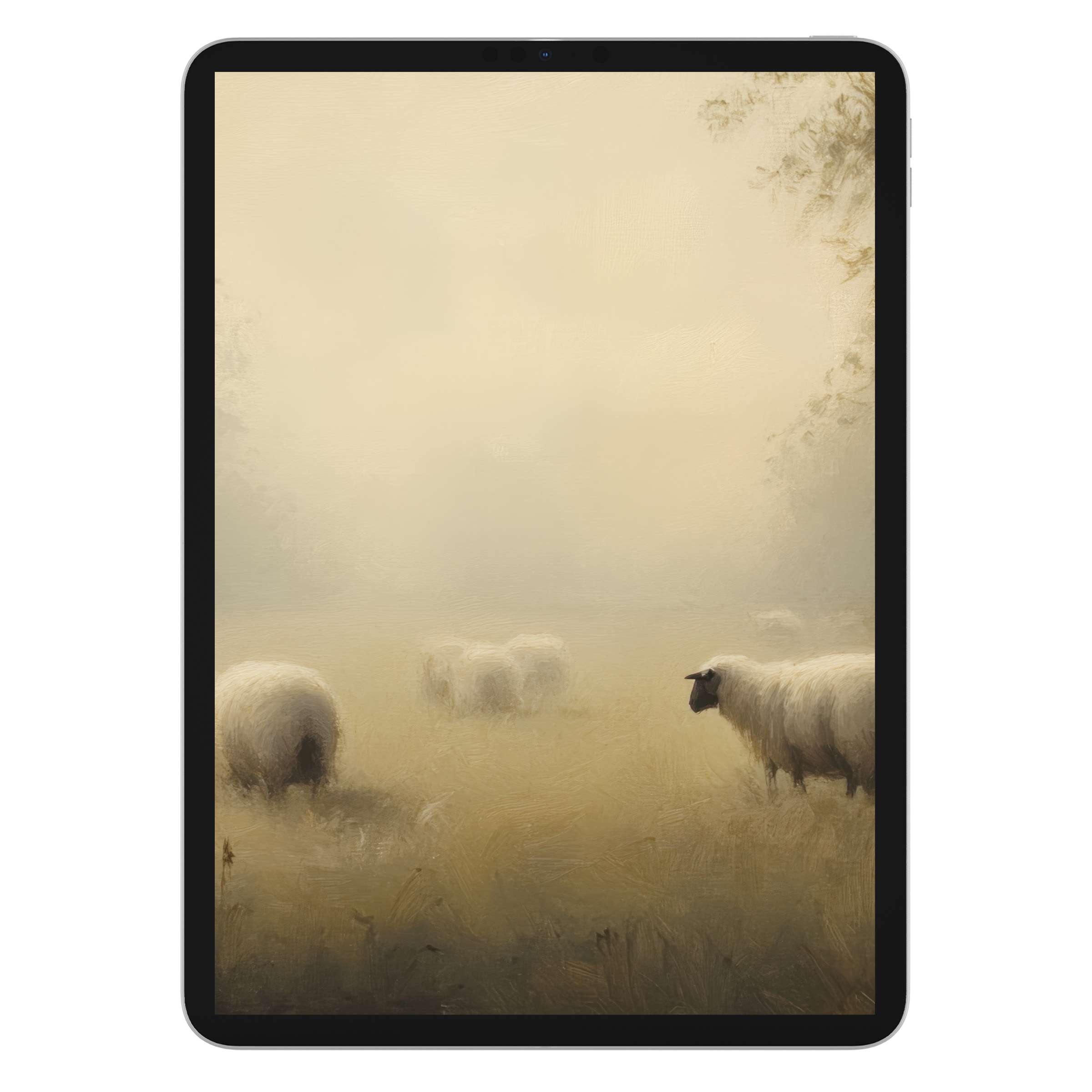 Farmhouse iPad wallpaper featuring serene sheep in a misty meadow offers an elegant background for tablets digital download ready