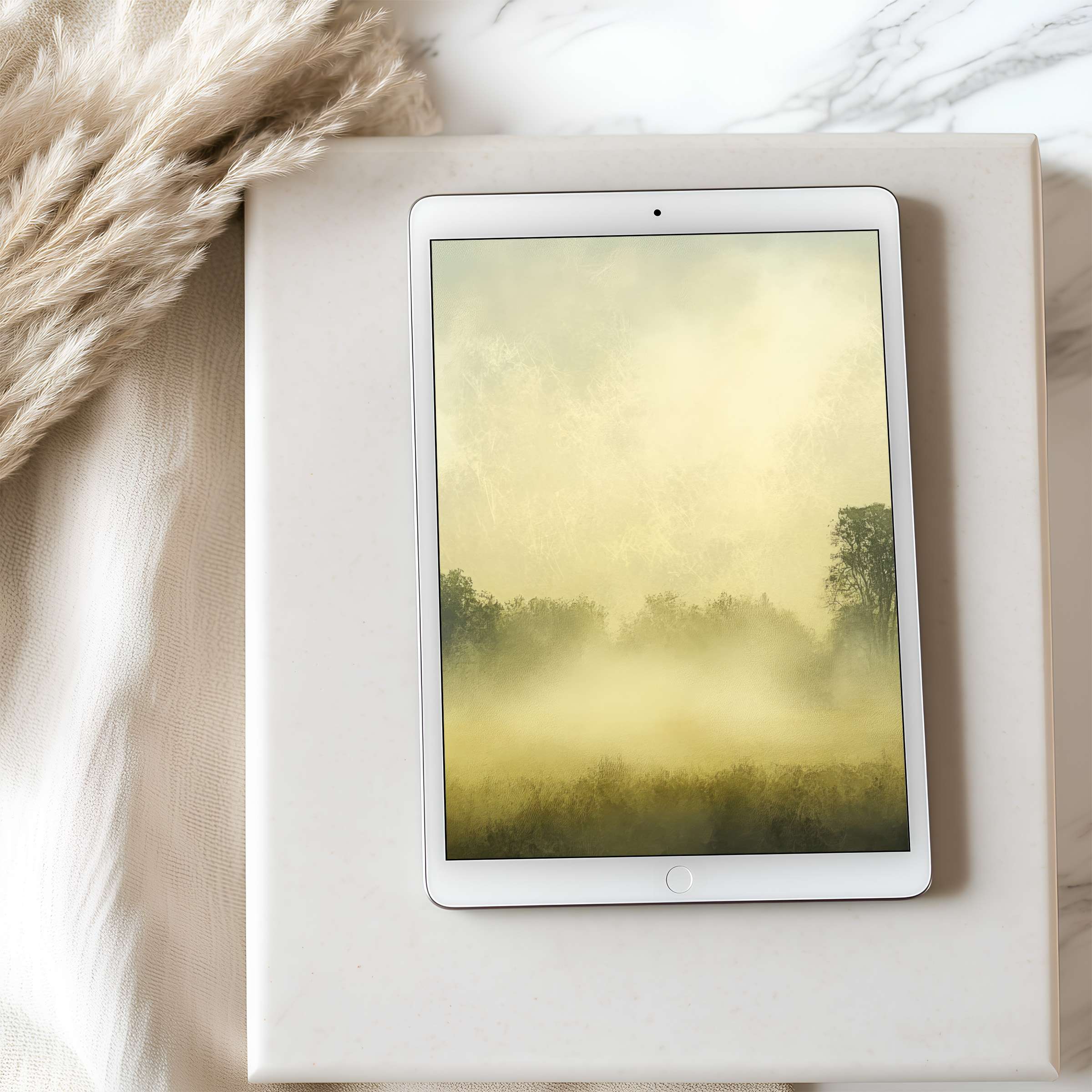 Elegant misty forest tablet wallpaper in soothing tones, perfect for iPad or Android, offering high resolution digital serenity download