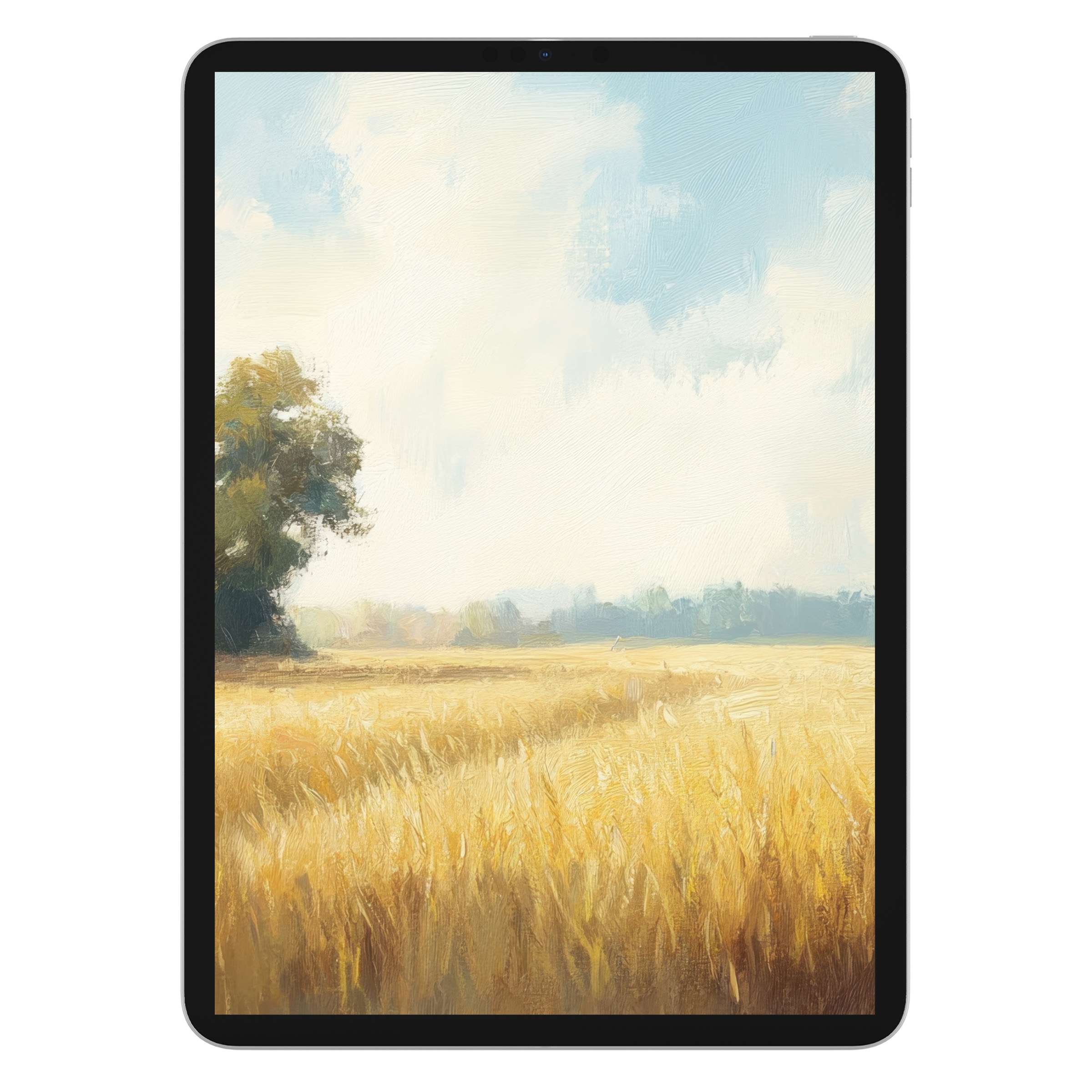 Farmhouse iPad wallpaper digital download features an idyllic golden wheat field under a tranquil sky, ideal tablet background for calm vibes