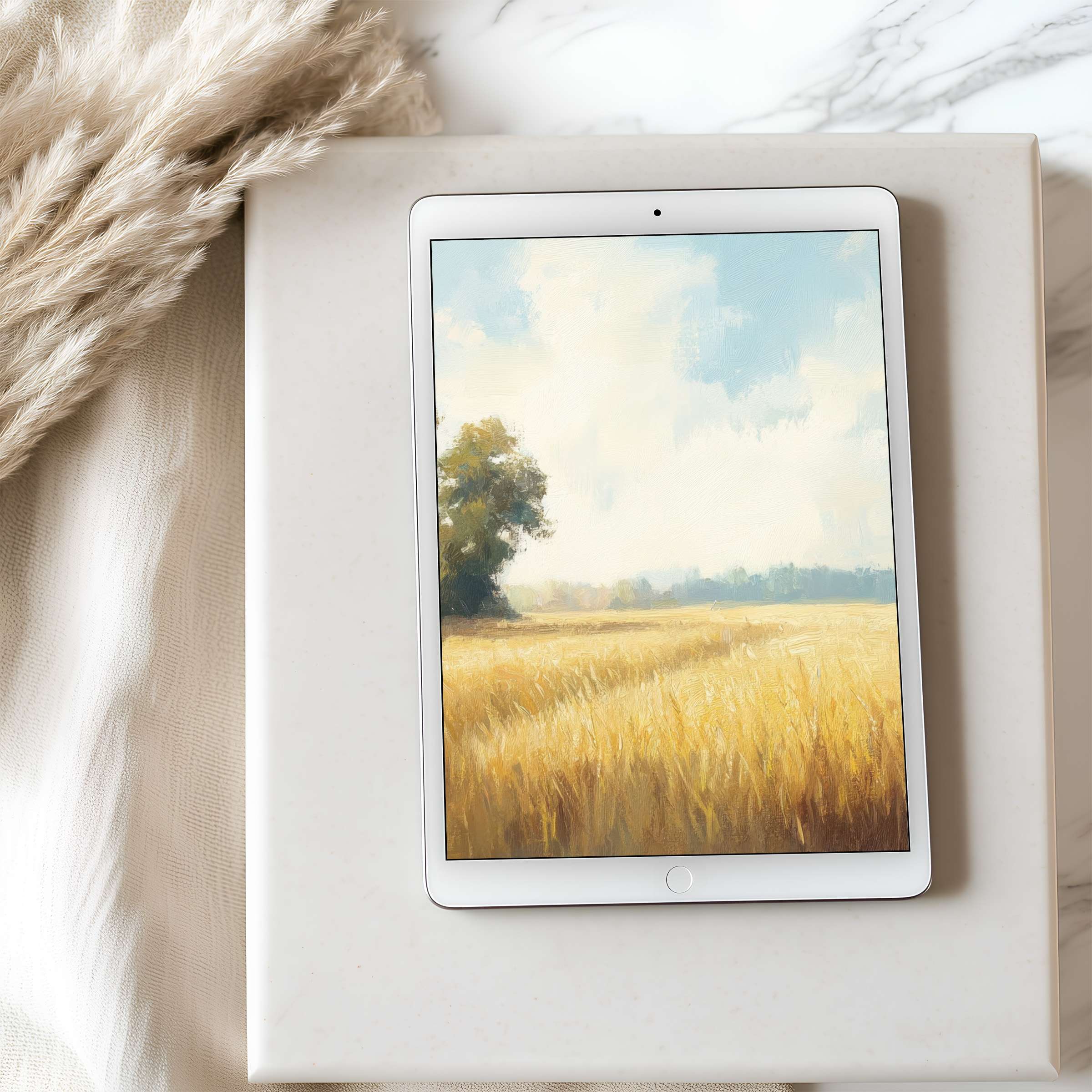 Serene tablet wallpaper features a calming wheat field painting in soft tones perfect for high resolution iPad and Android tablets download