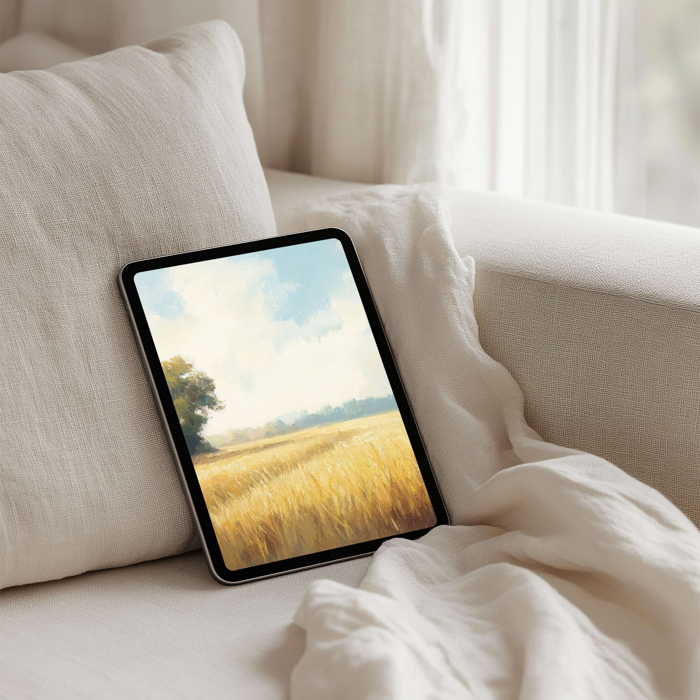 Serene wheat field digital art on iPad background for instant download brings elegance to tablets enhancing mindful inspiration