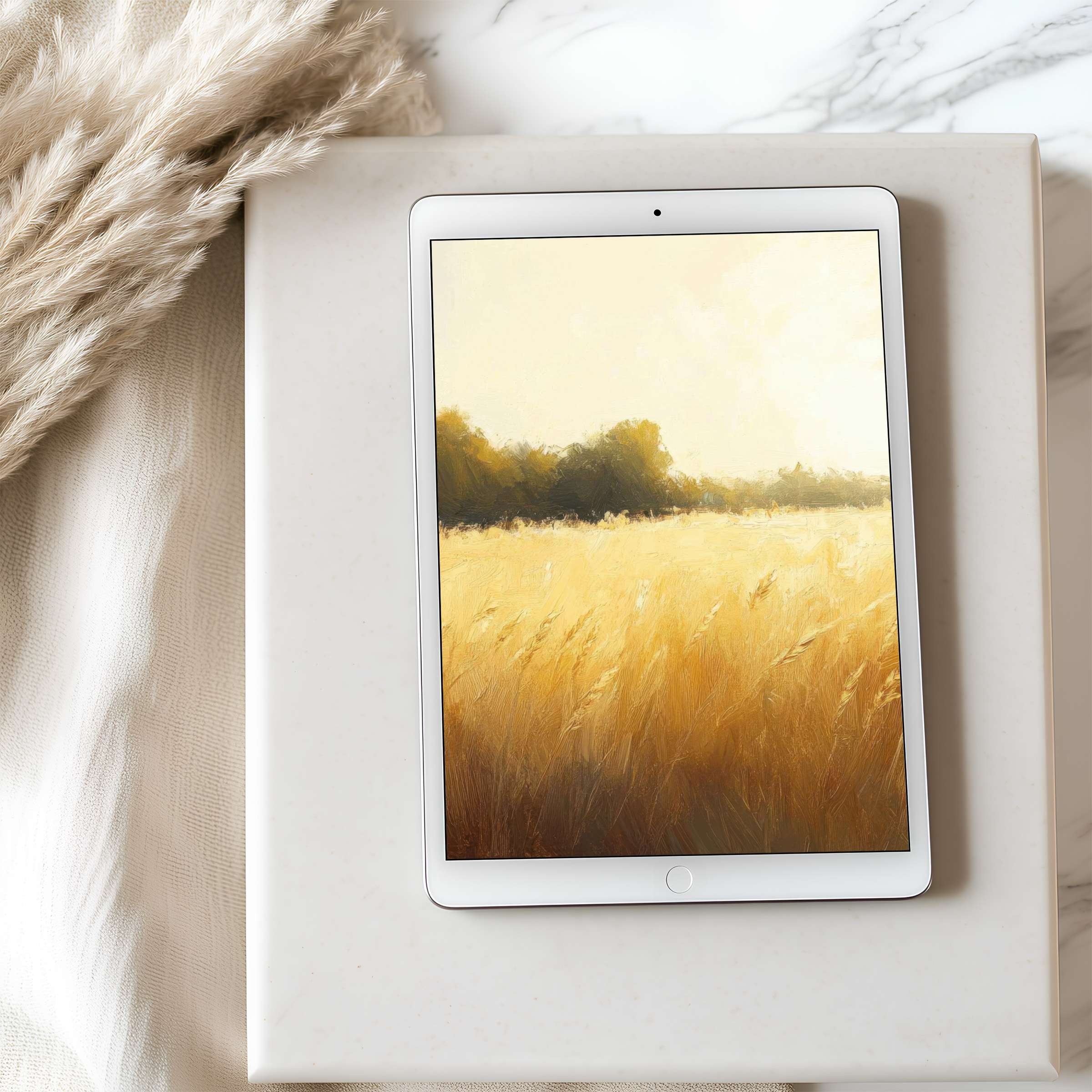 Inspire tranquility with this curated tablet wallpaper featuring a serene golden field, perfect for high resolution iPad downloads