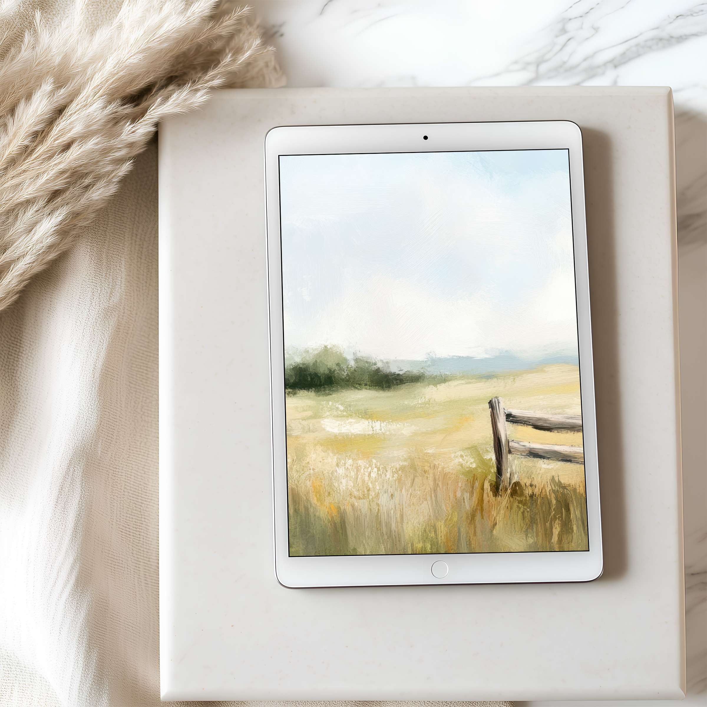 Serene tablet wallpaper featuring a soft landscape painting, perfect for iPad or Android tablets Elevate your space with this high-resolution digital download