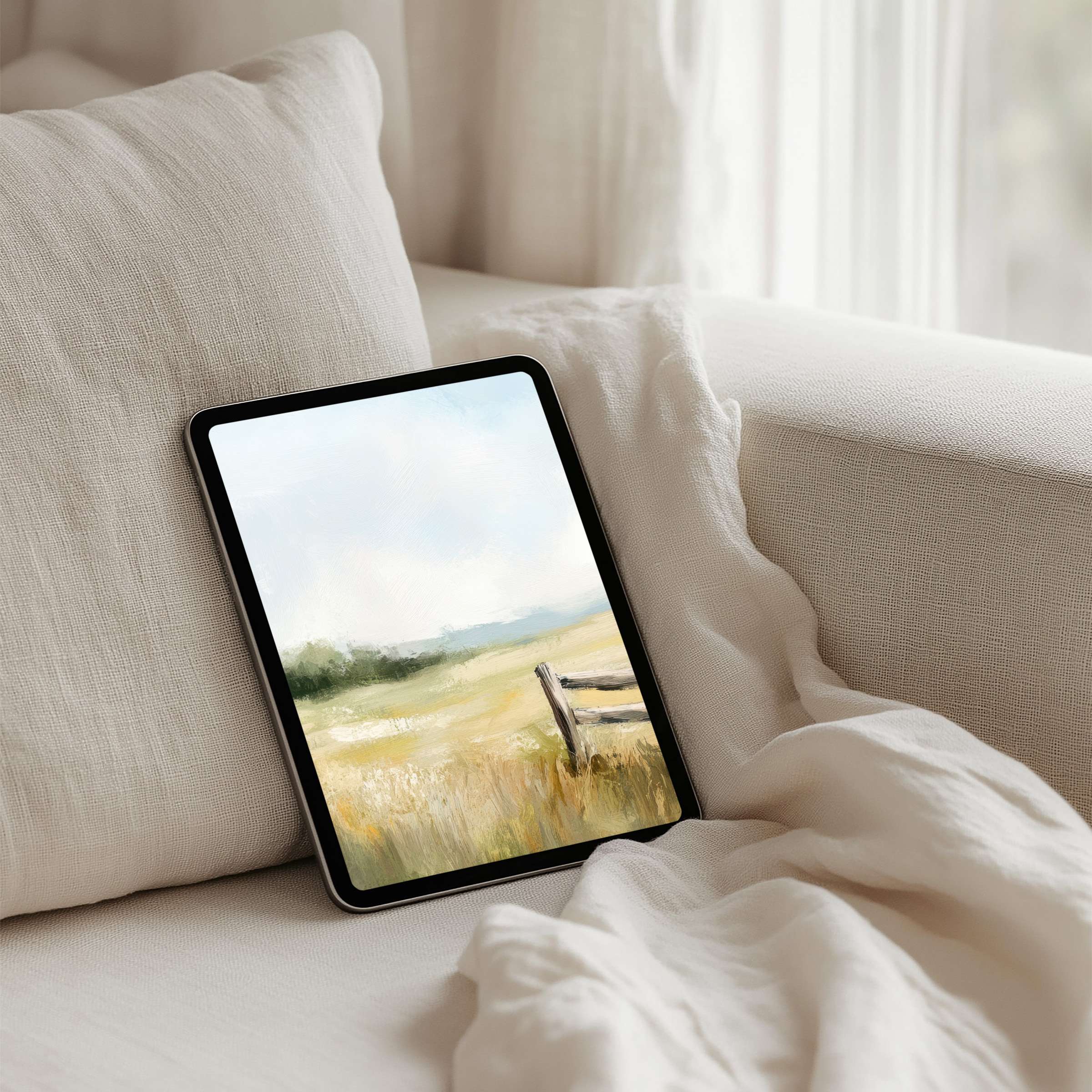 Serene landscape digital art for an iPad background on a cozy sofa ensures instant download for any tablet user seeking calm elegance