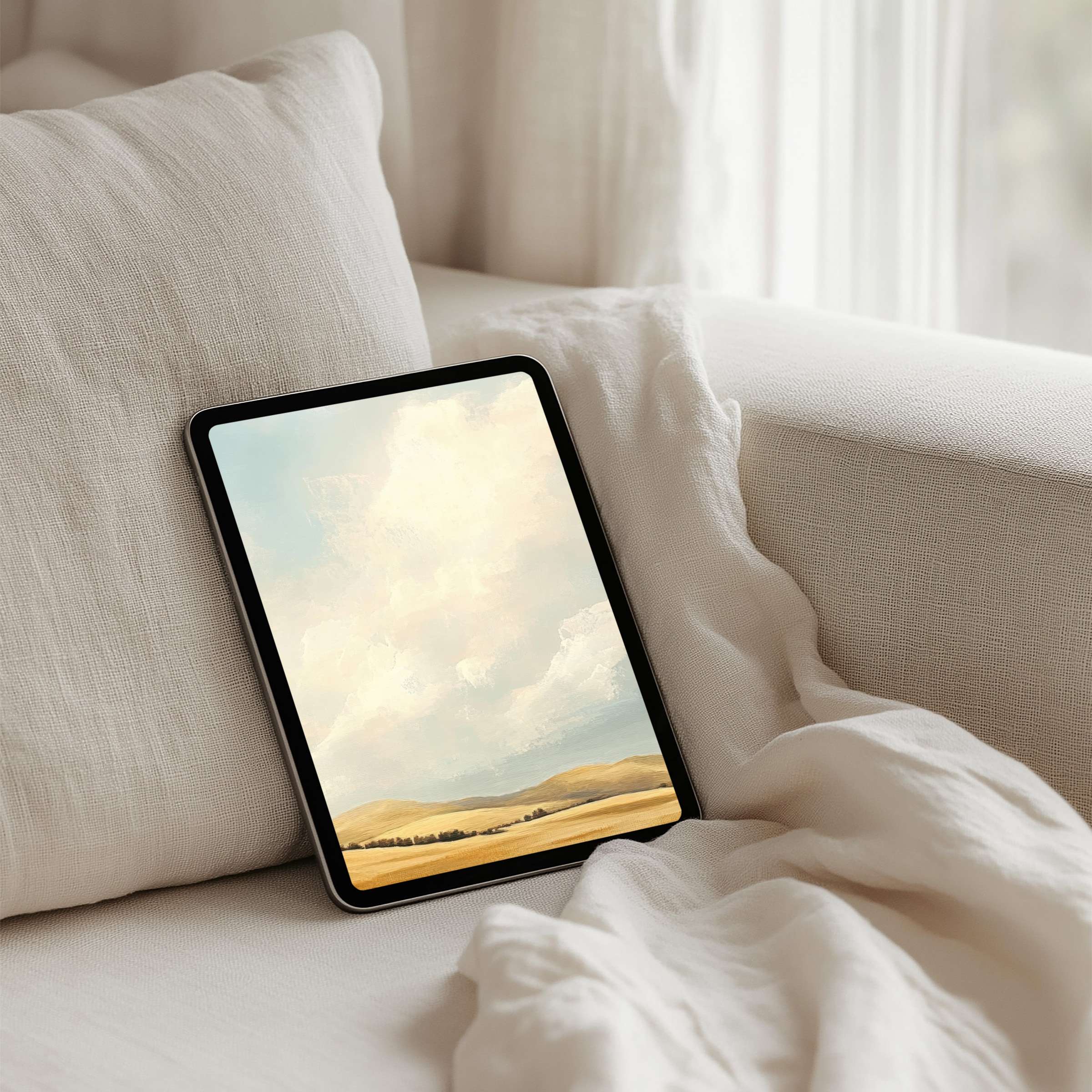 Elegant iPad background featuring serene landscape, perfect for tablets; instant download offers calm, inspired ambiance at home