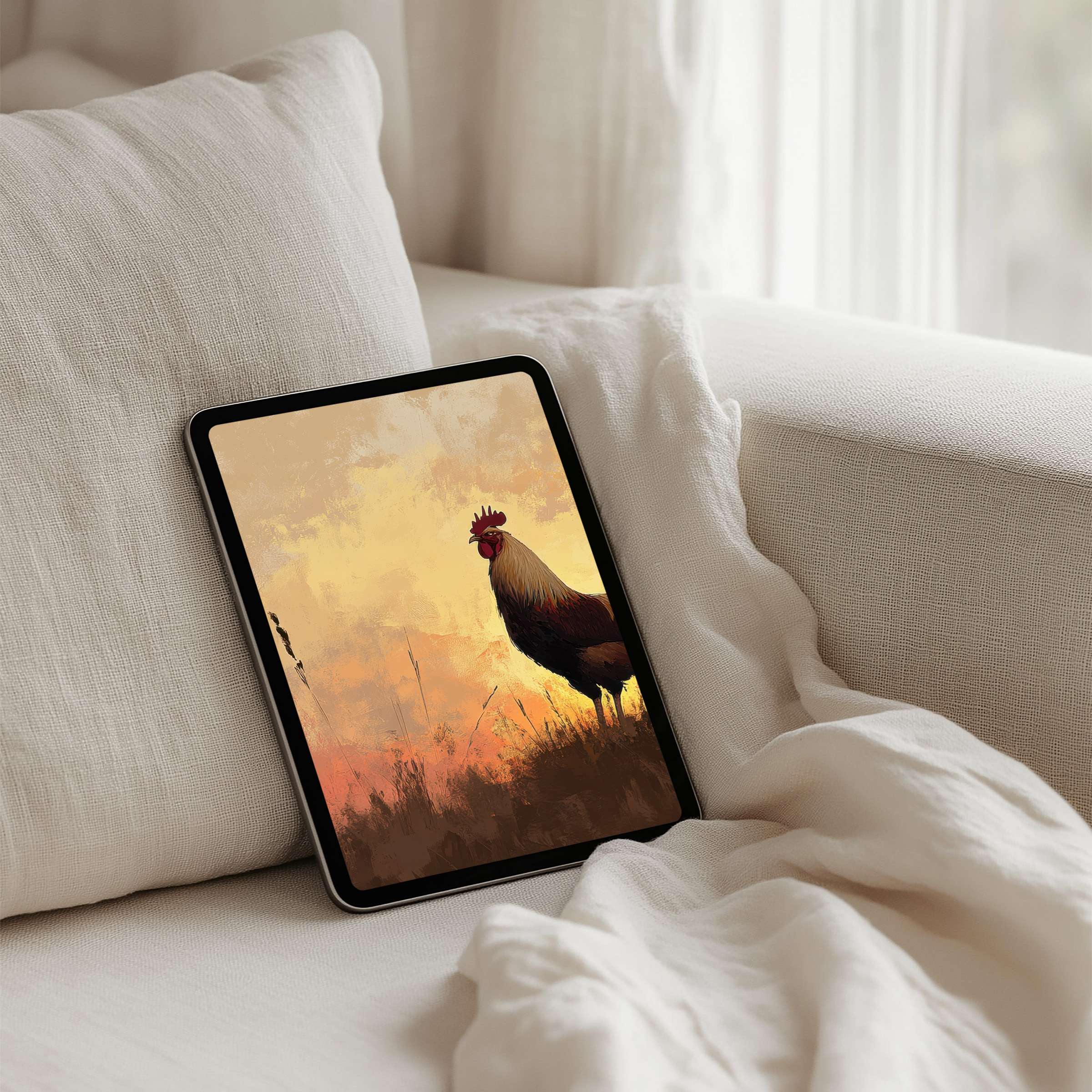 Elegant iPad background with artistic rooster silhouette, offering instant download for mindful tablet aesthetics and refined inspiration