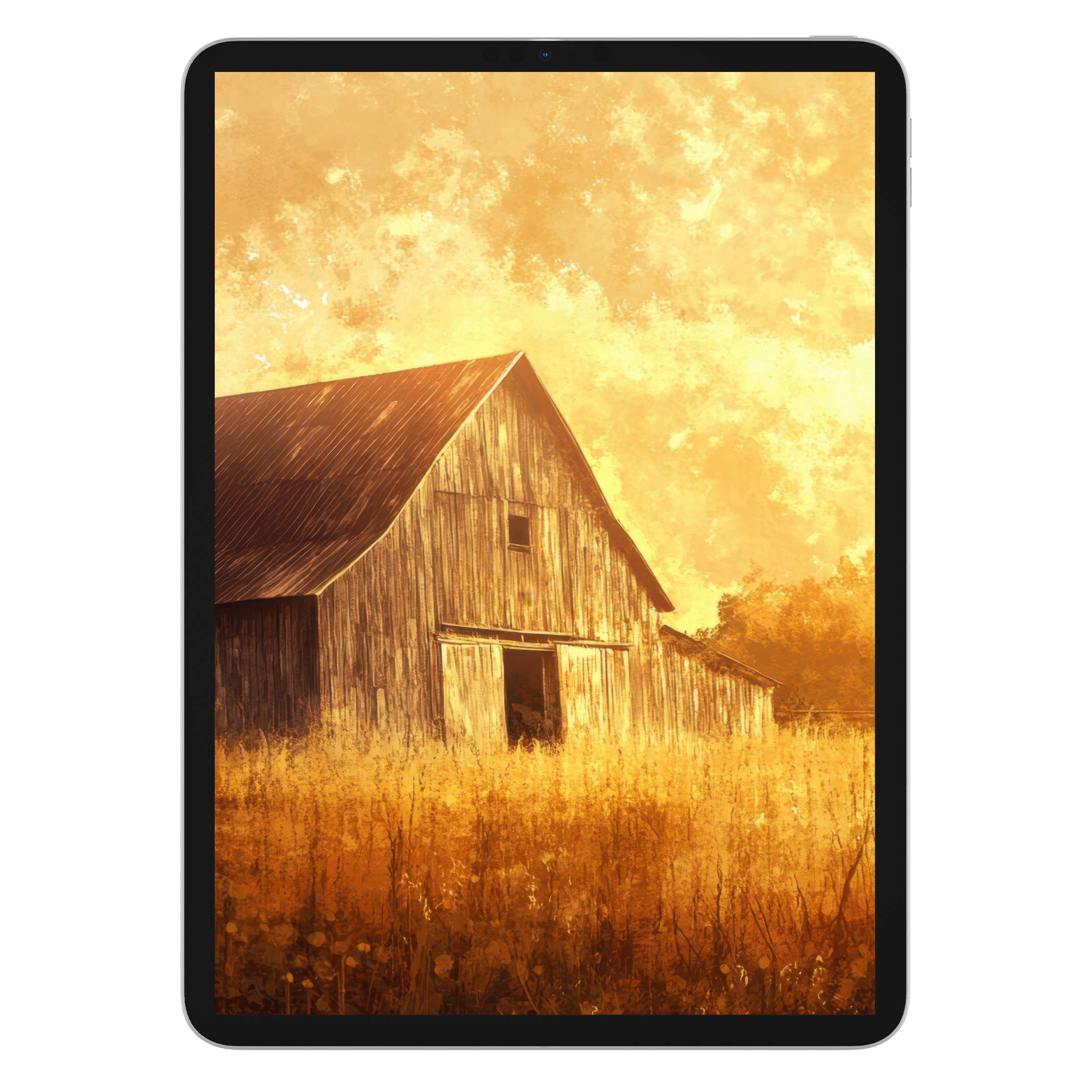 Farmhouse iPad wallpaper digital download featuring rustic barn in golden sunset, ideal tablet background for serene, sustainable style