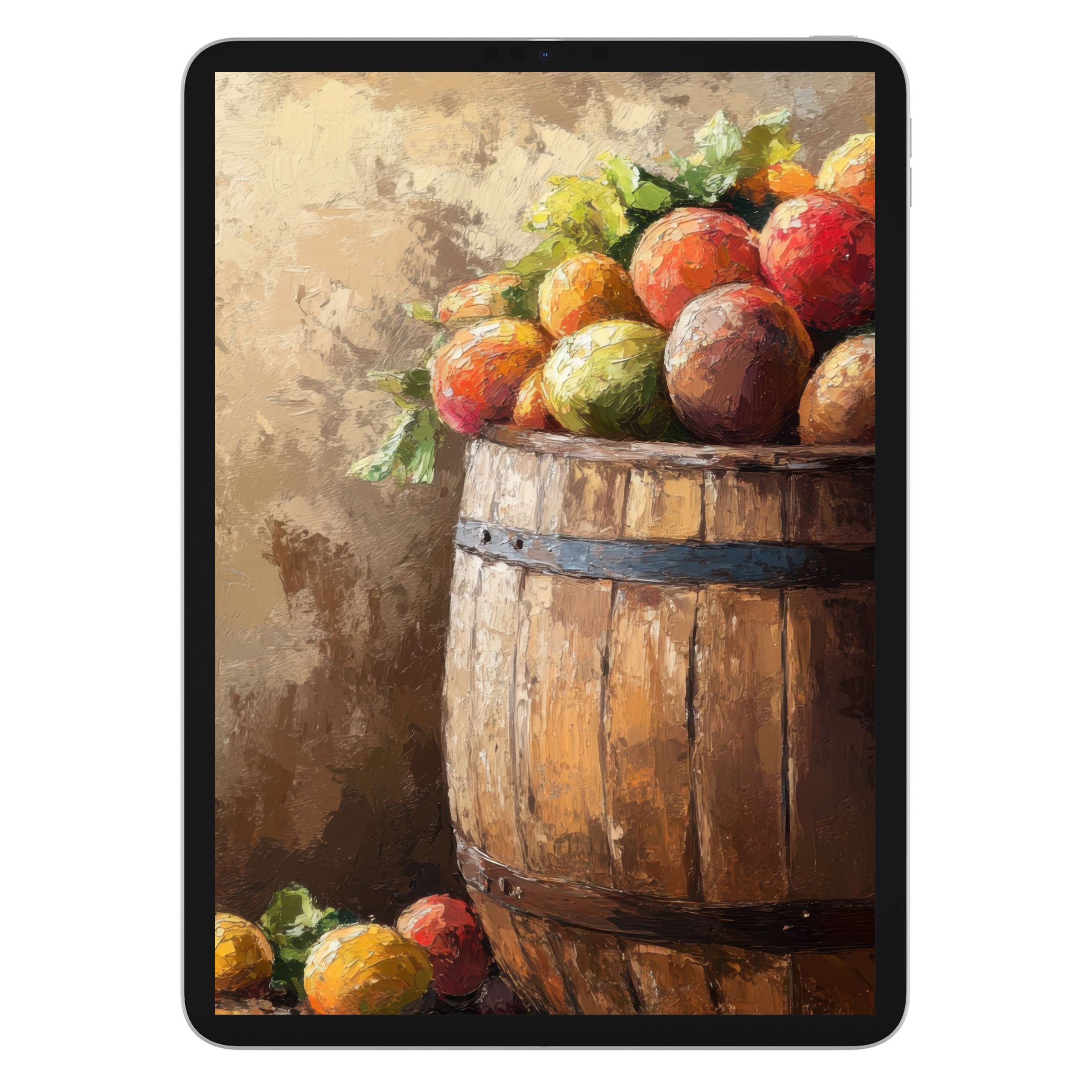 Farmhouse iPad wallpaper featuring a rustic barrel of apples painted in warm hues, ideal digital download for tablet background lovers