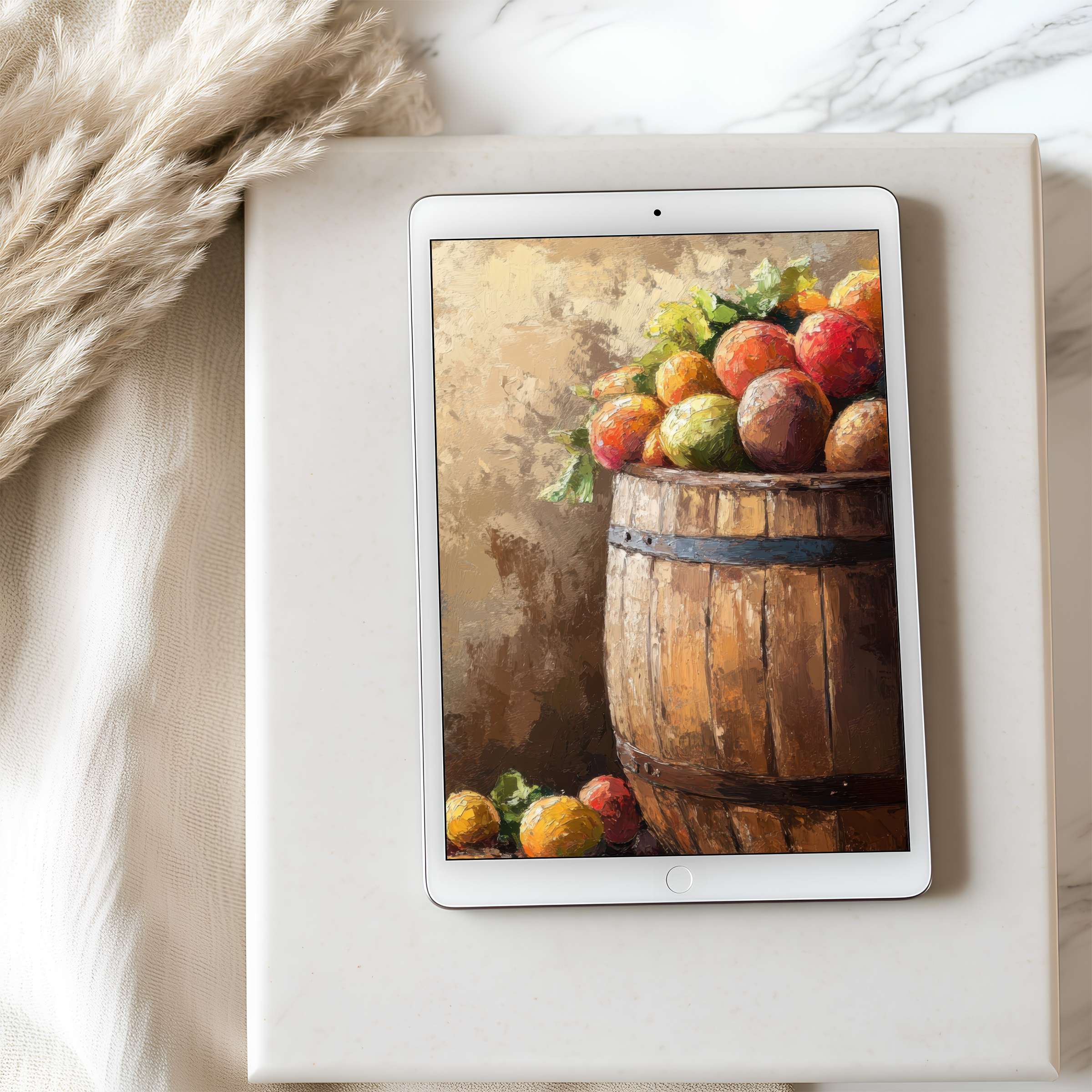 Elegant still life painting of apples and barrel on tablet wallpaper for iPad in high resolution inspiring calm and aesthetic balance