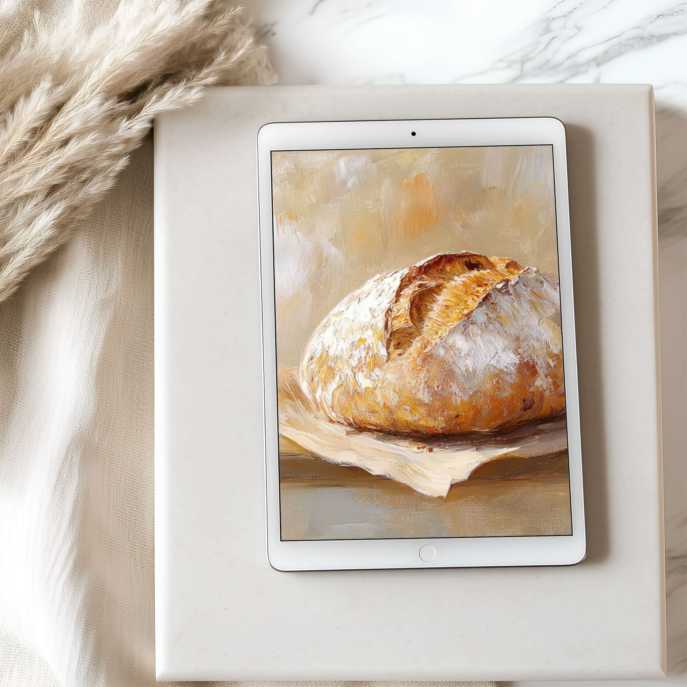 Elegant tablet wallpaper featuring a serene, high-resolution bread painting, perfect for iPad or Android, enhancing tranquility and style