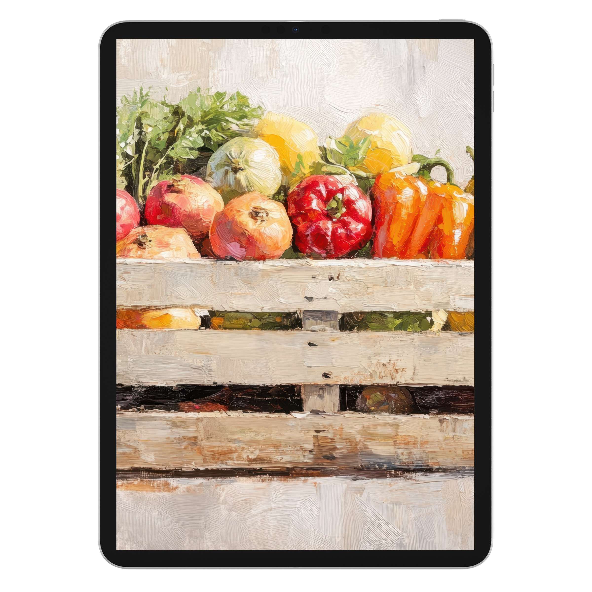 Elegant farmhouse iPad wallpaper featuring rustic fruit basket oil painting, perfect digital download for calming tablet backgrounds