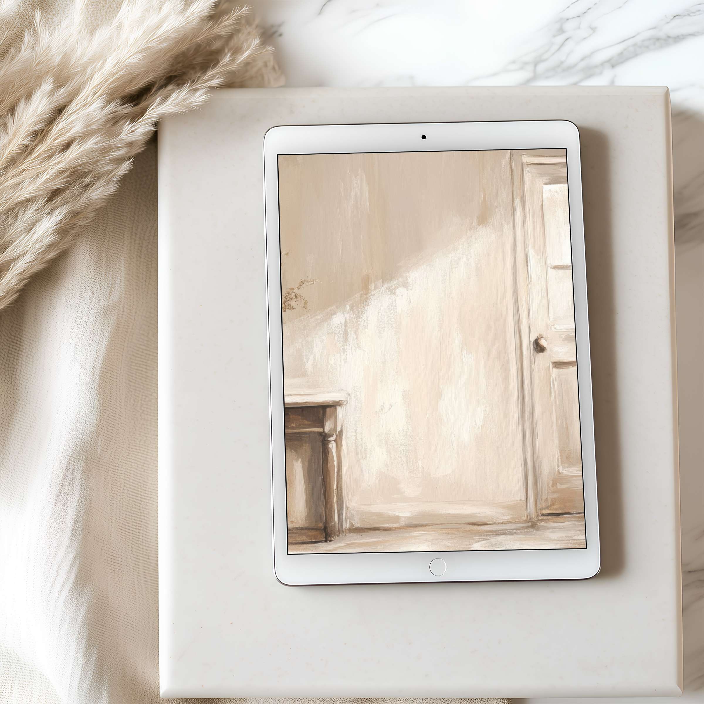 Elegant tablet wallpaper featuring calming beige hues and a minimalist interior motif suitable for high resolution iPad download