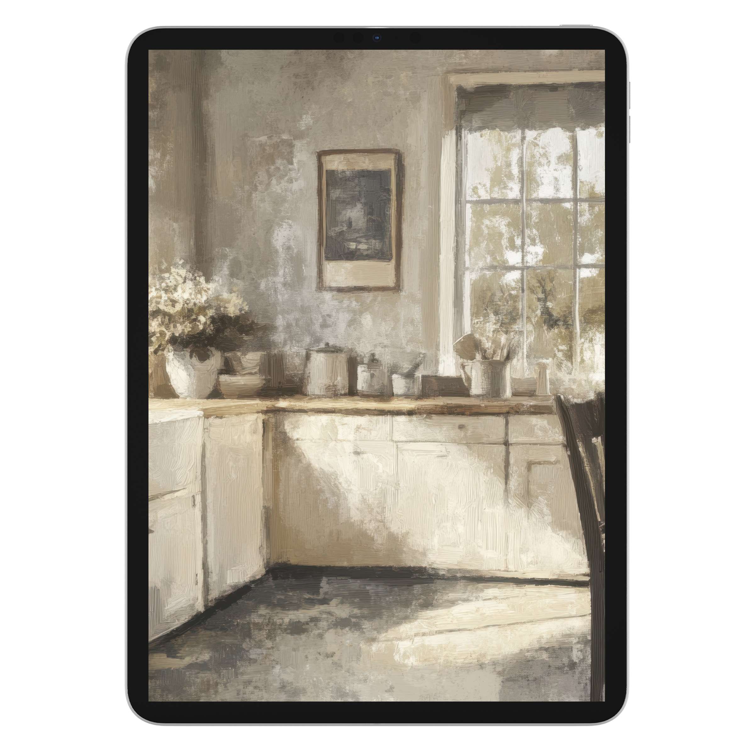 Farmhouse iPad wallpaper with soft beige tones offers a serene digital download for tablet background, enhancing tranquility and style