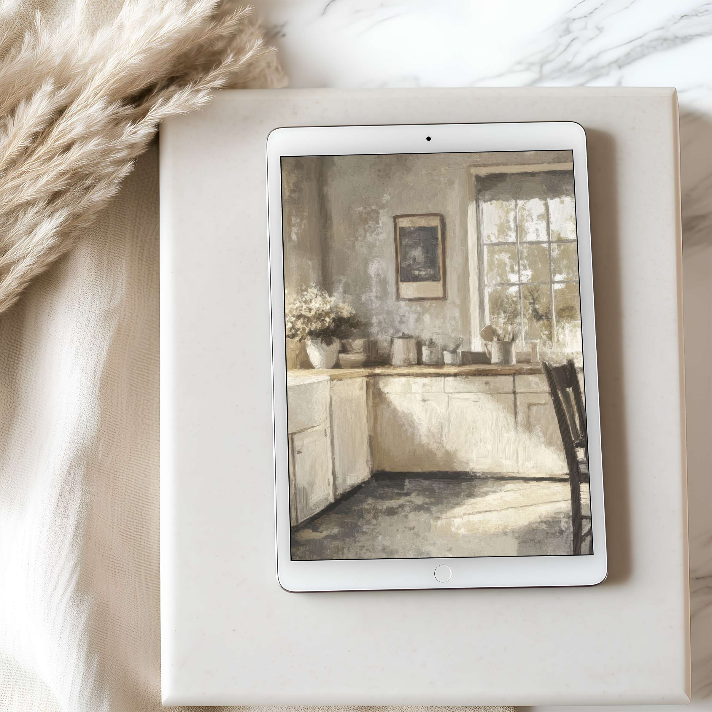 Elegant tablet wallpaper featuring serene beige and cream palette in a cozy kitchen setting high resolution for iPads and Androids