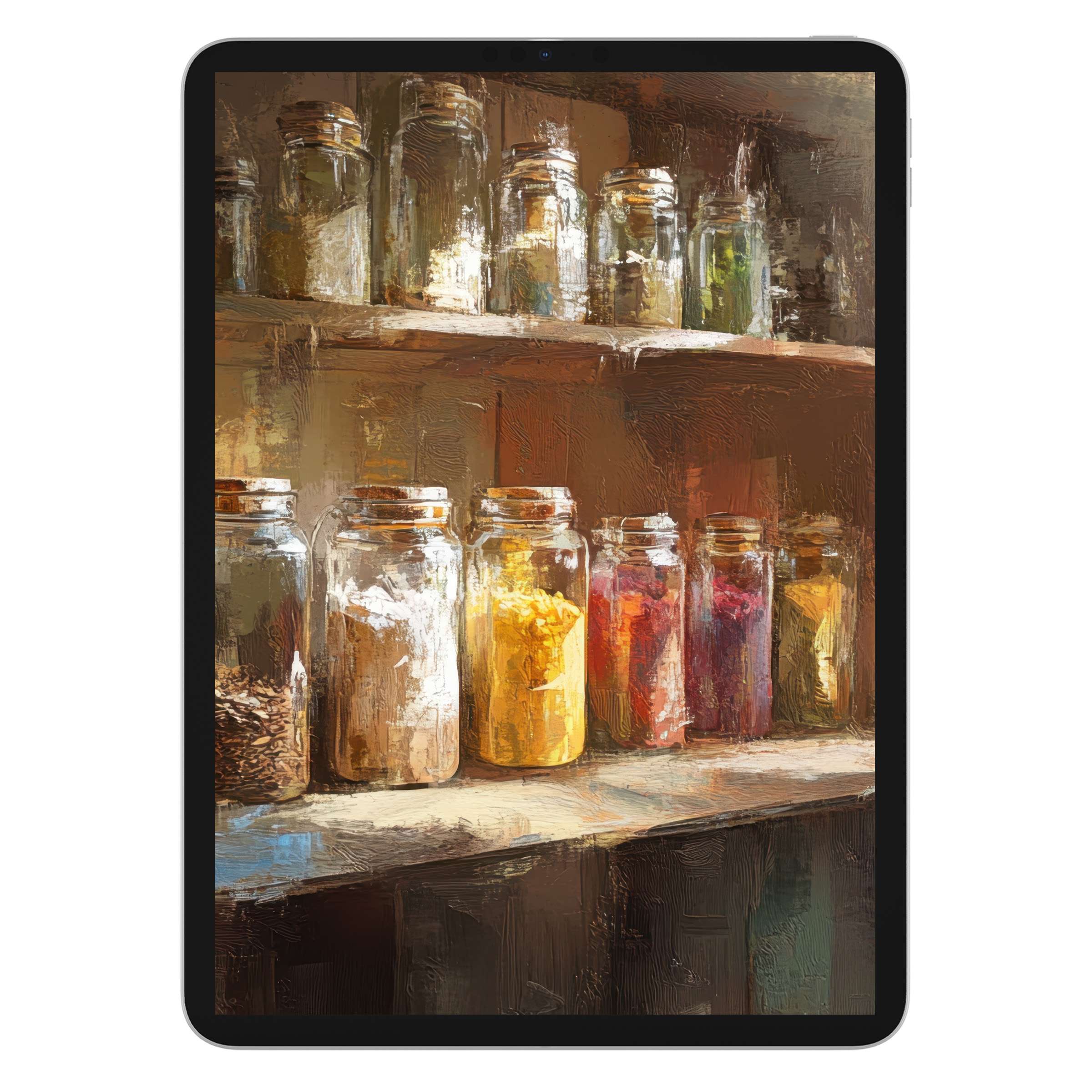 Farmhouse iPad wallpaper digital download with rustic jars on wooden shelves offers a peaceful, textured background for tablets