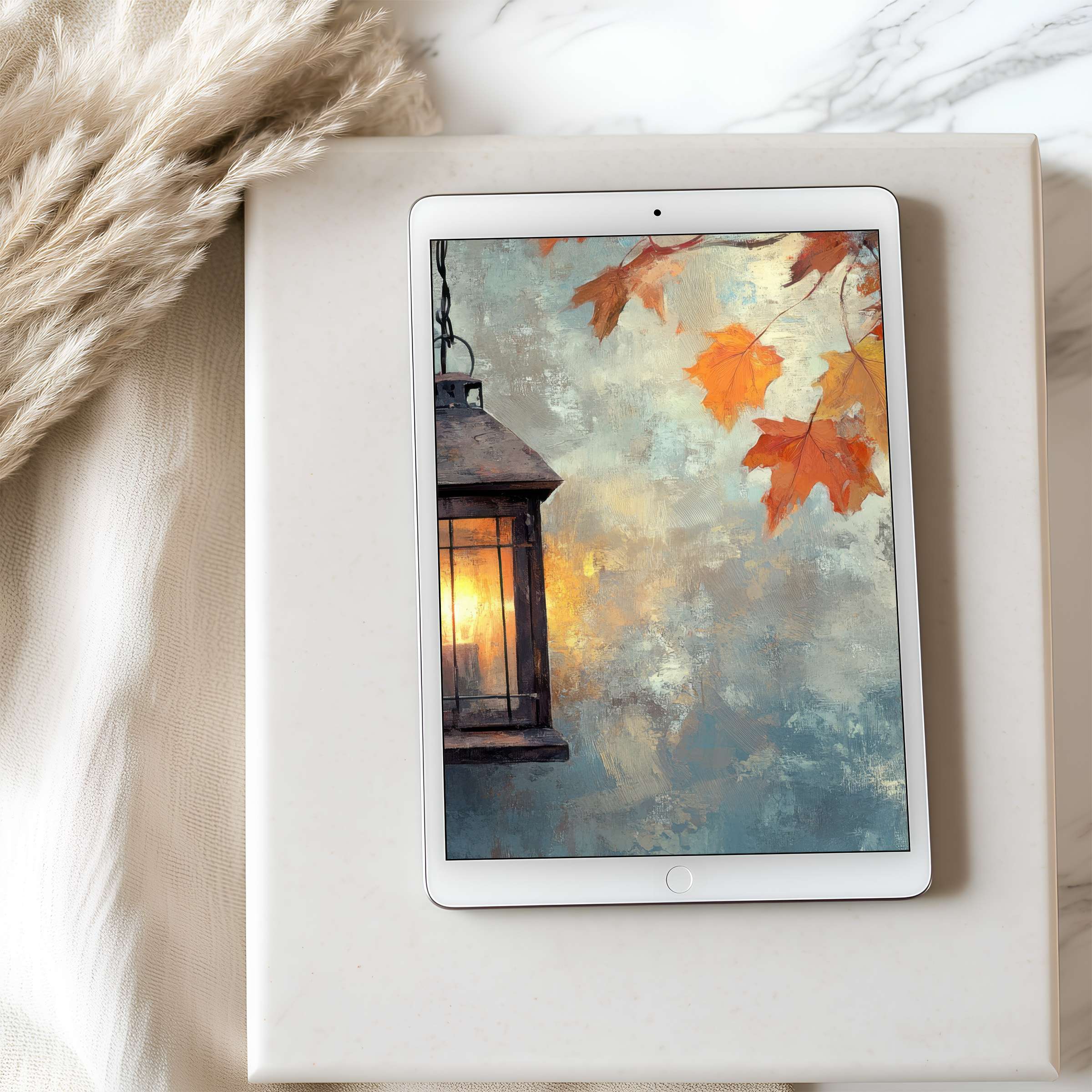 Elegant tablet wallpaper featuring autumn leaves and lantern, perfect for iPad or Android tablets, offers a calming digital download experience