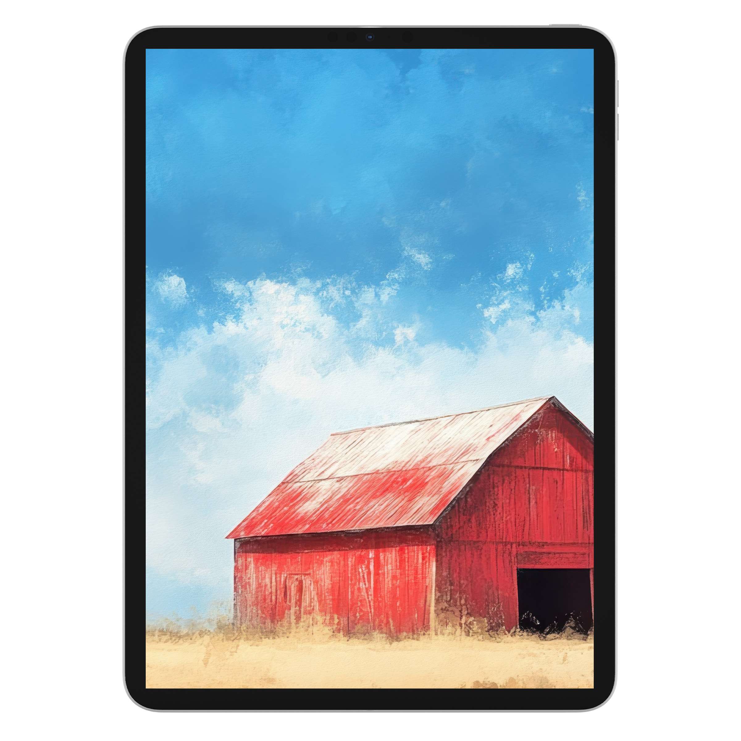 Farmhouse iPad wallpaper with a red barn and blue sky provides a serene digital download background for tablets embracing rustic charm