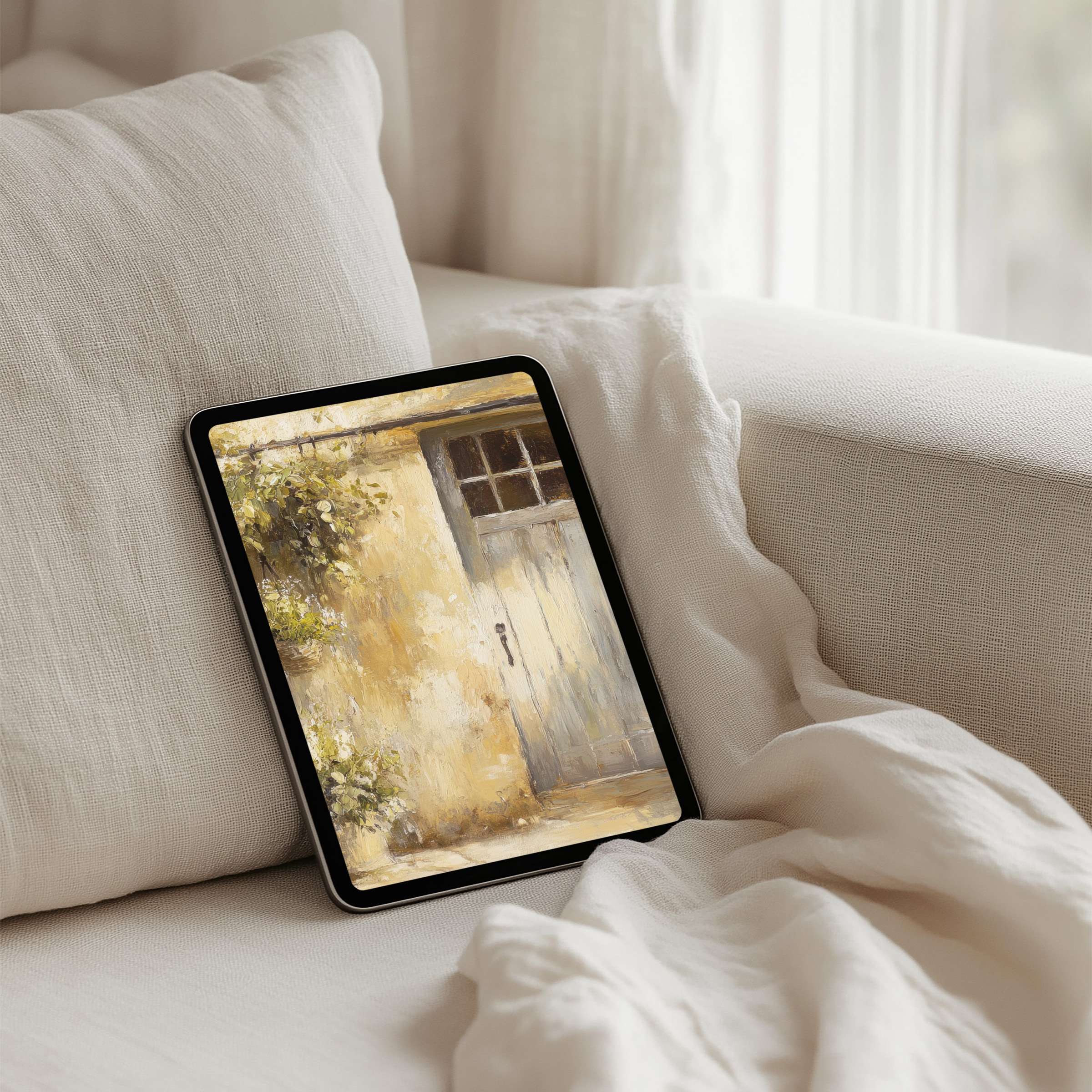 Elegant iPad background featuring a serene yellow door painting for instant download to inspire calm on any tablet device