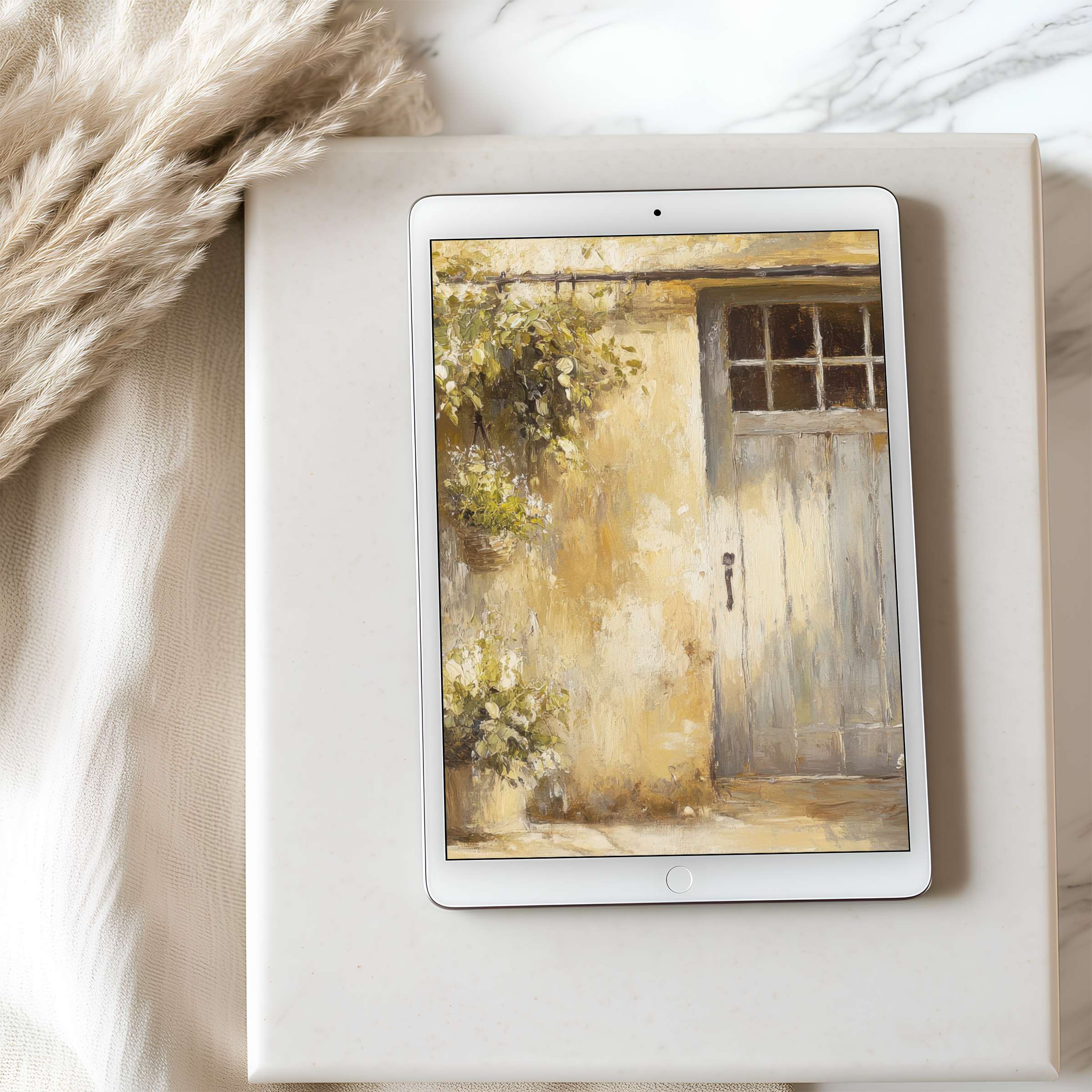 Elegant tablet wallpaper featuring a serene rustic door with yellow tones, perfect for iPad, high resolution, calming digital download