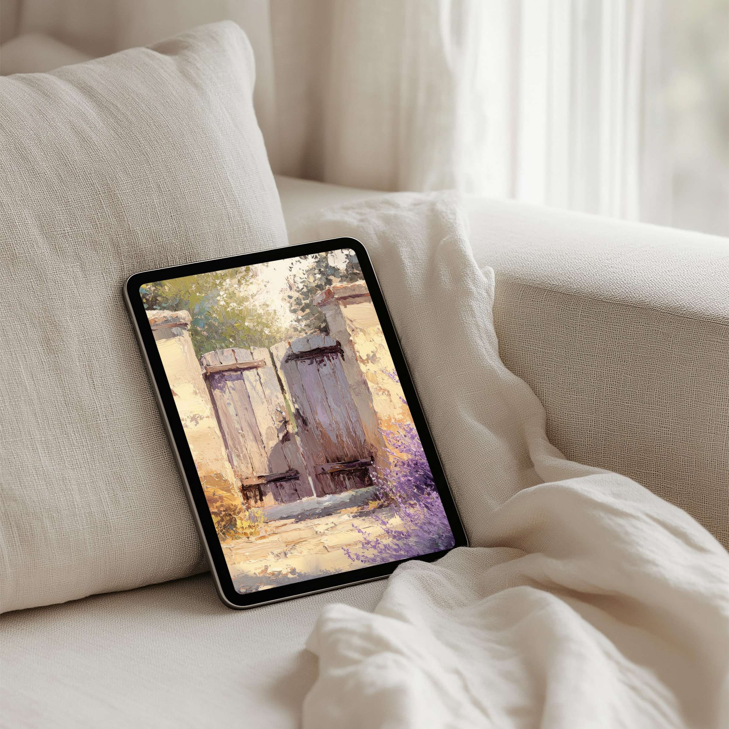 Tranquil iPad background depicting a rustic gate in soft hues perfect for instant download on any tablet for mindful elegance