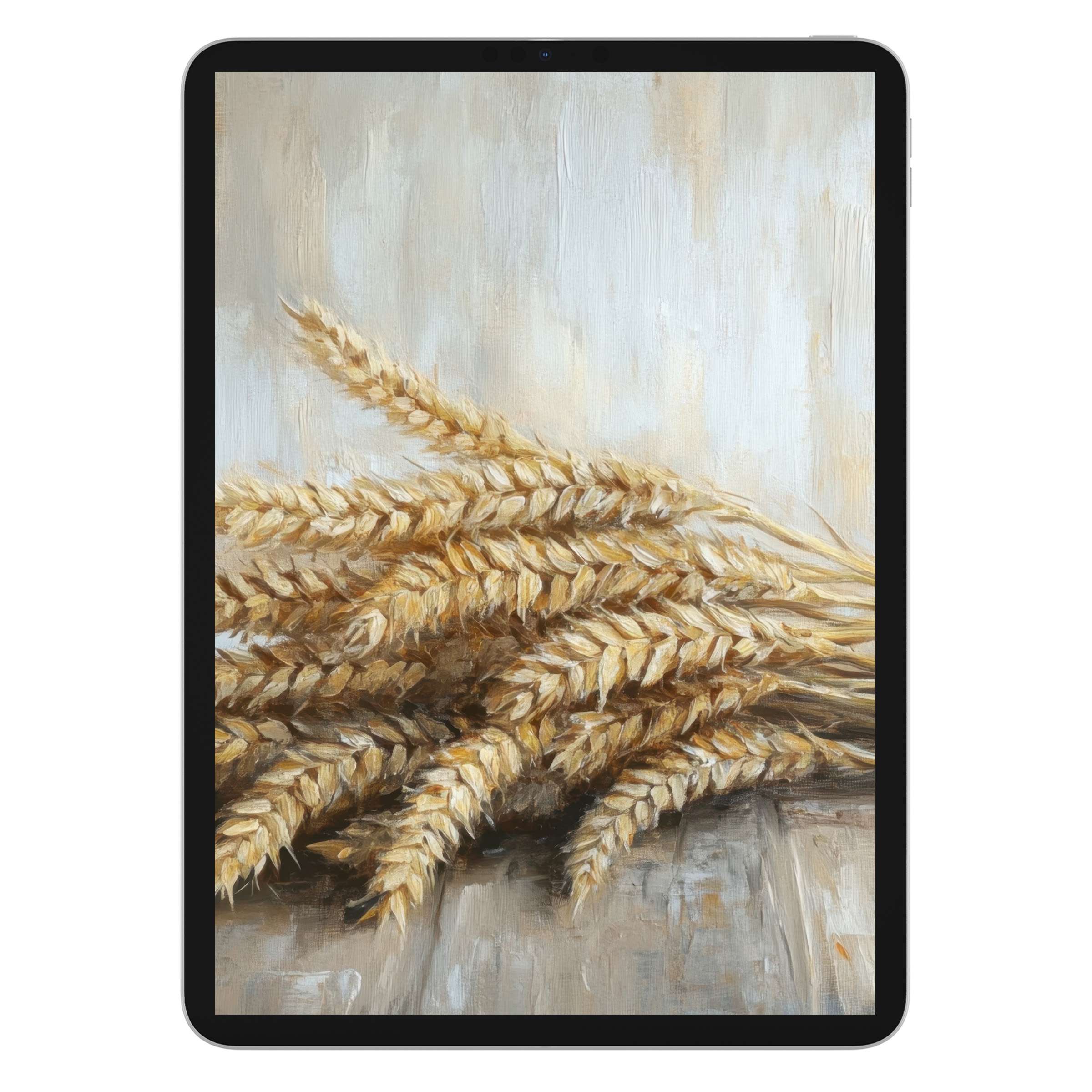 Farmhouse iPad wallpaper with rustic wheat stalks, oil painting texture, inspiring digital download for elegant tablet background use