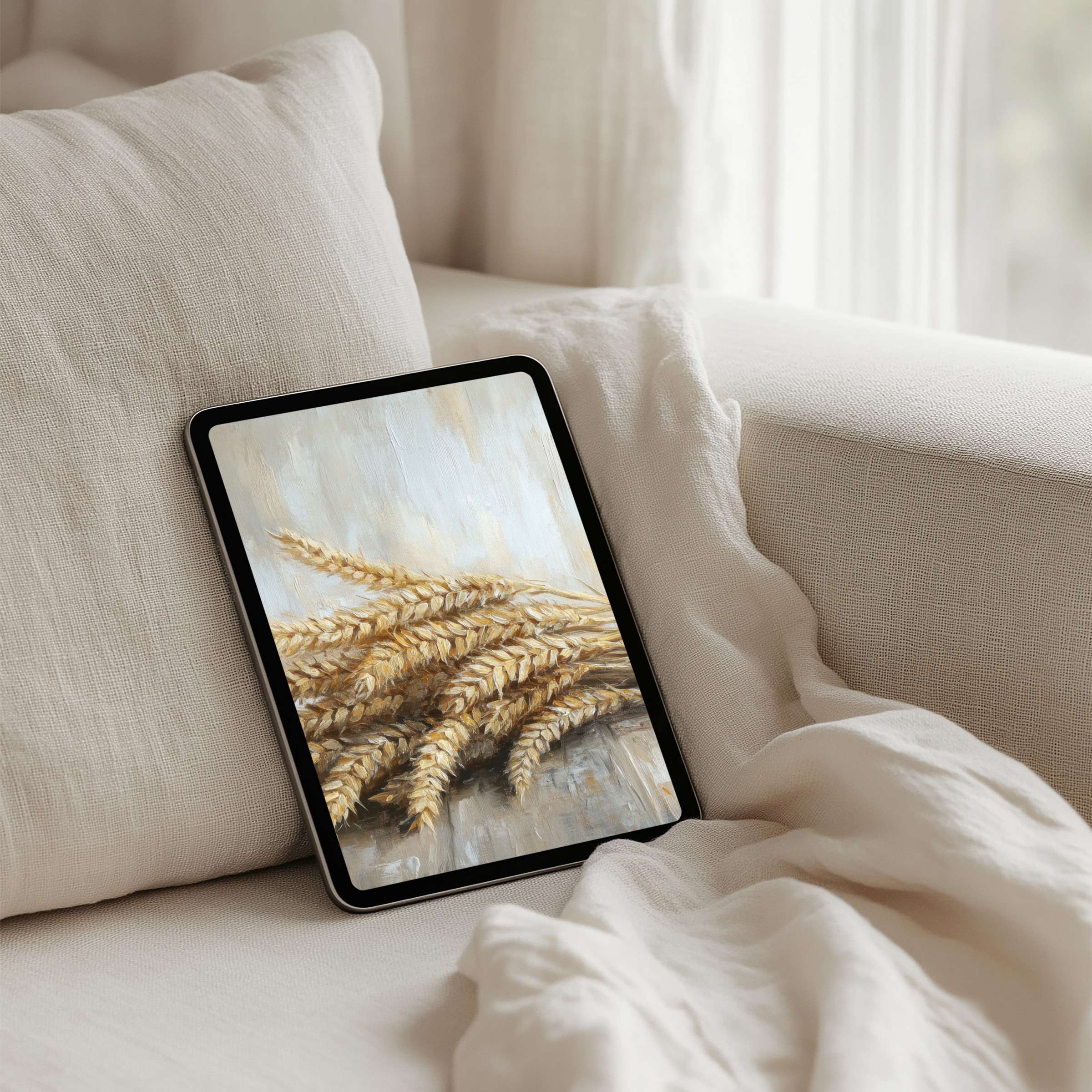 Elegant wheat art for iPad background offering instant download fits any tablet inspiring calm and mindfulness in soft neutrals
