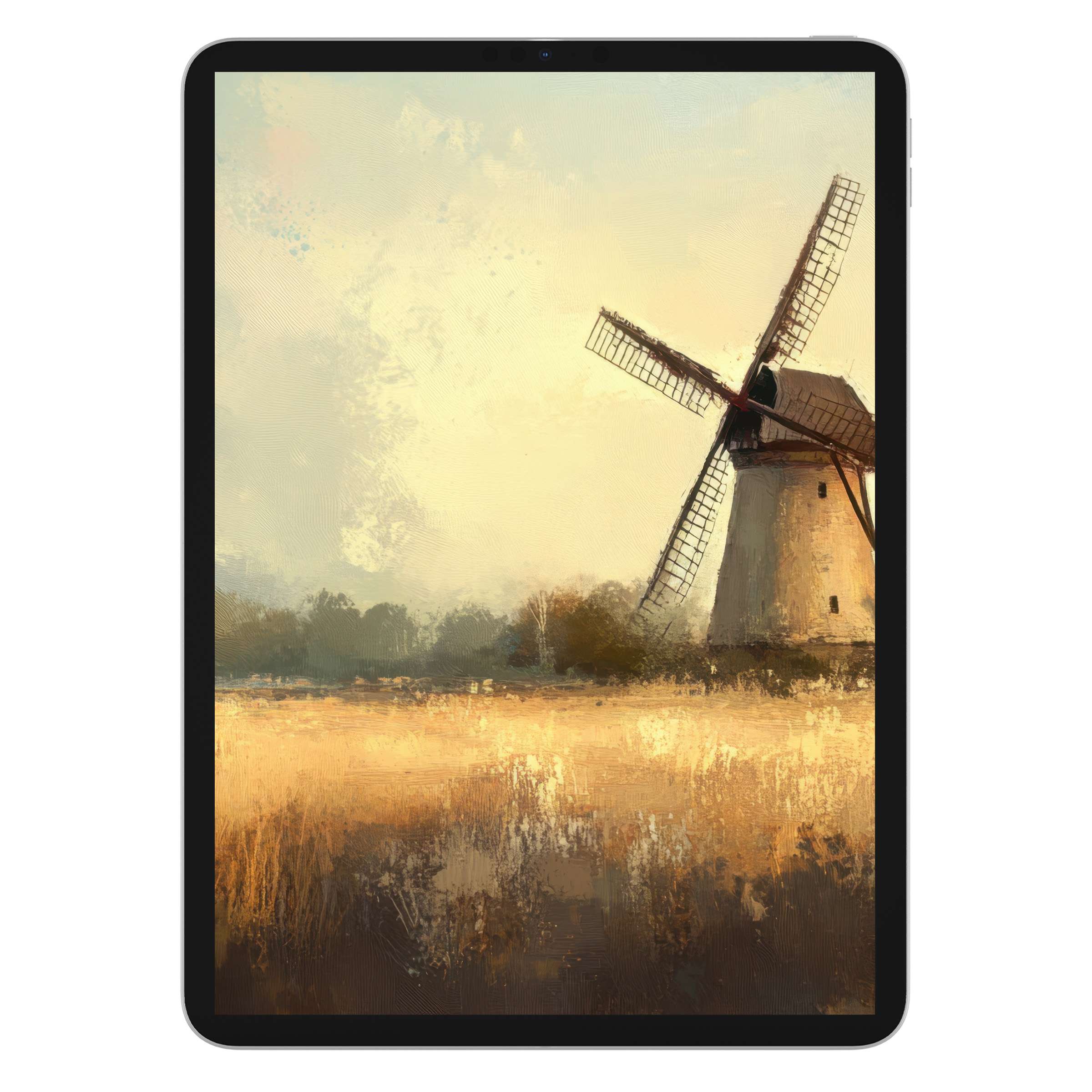Farmhouse iPad wallpaper with a serene windmill scene in rustic tones offers a tranquil digital download background for any tablet